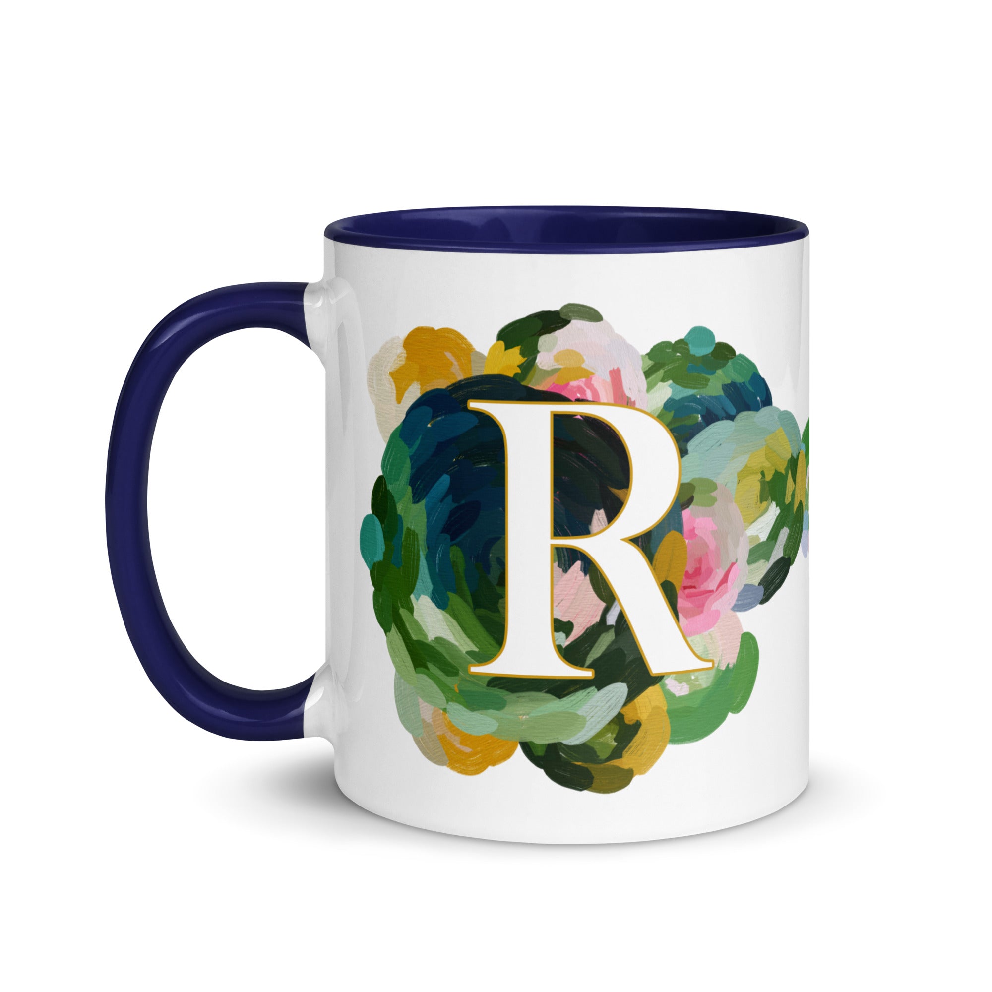 Blue Flowers Monogram Ceramic Mug - Letter R - Pretty coffee and tea mug for flower lovers. Colored on the inside and the handle. Art by Parima Studio. Chic floral mug