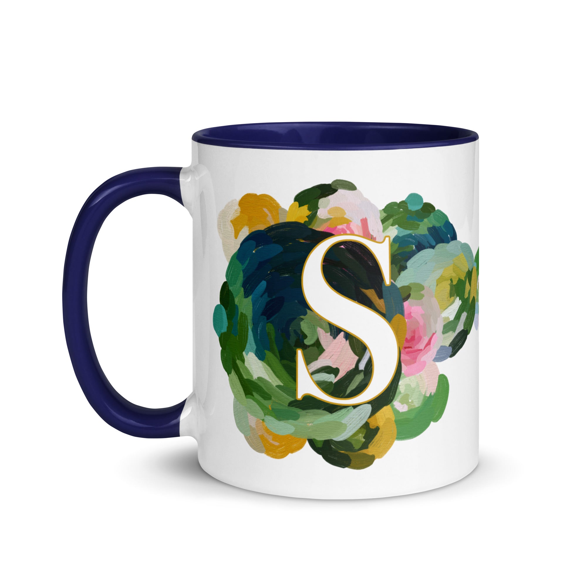Blue Flowers Monogram Ceramic Mug - Letter S - Pretty coffee and tea mug for flower lovers. Colored on the inside and the handle. Art by Parima Studio. Chic floral mug