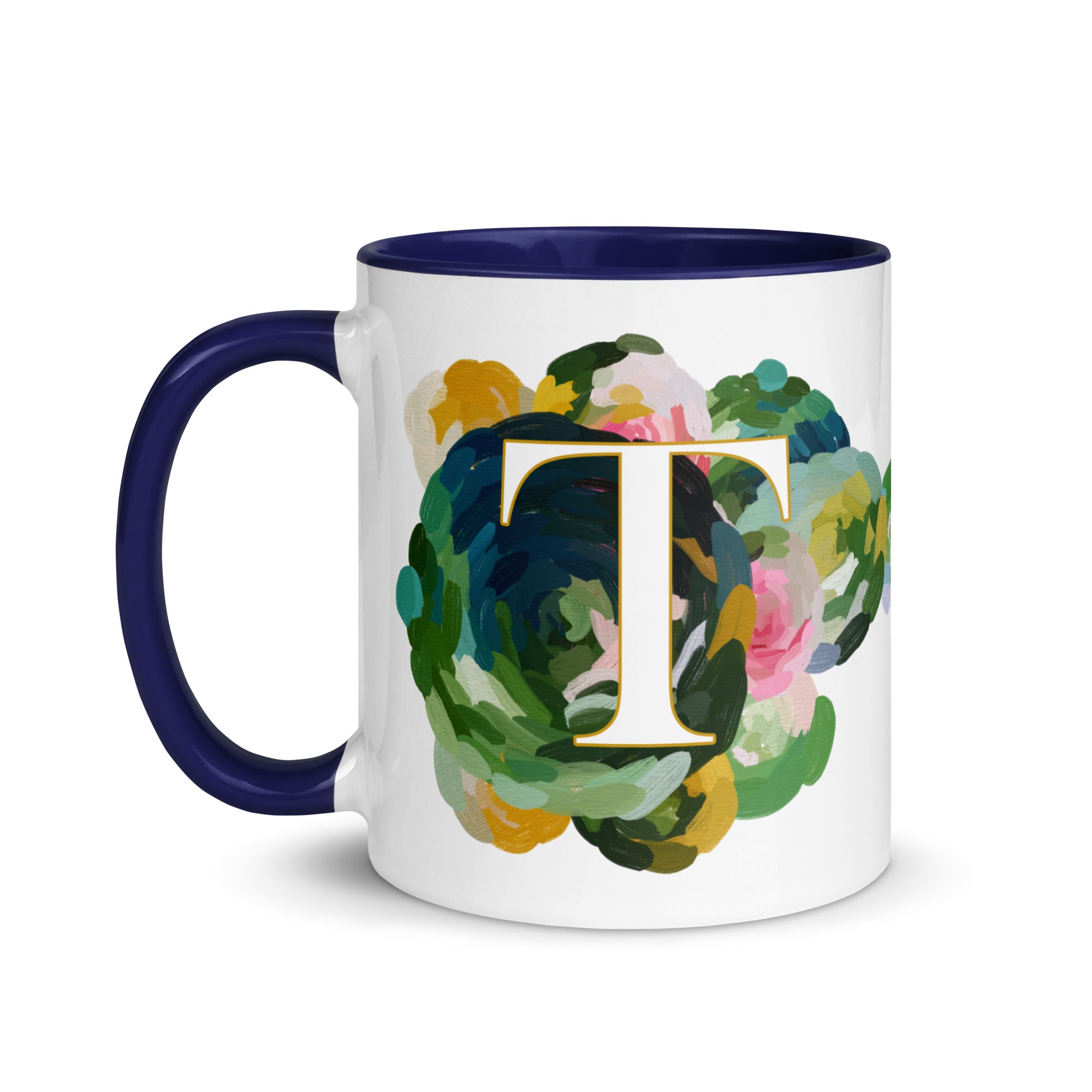 Blue Flowers Monogram Ceramic Mug - Letter T - Pretty coffee and tea mug for flower lovers. Colored on the inside and the handle. Art by Parima Studio. Chic floral mug