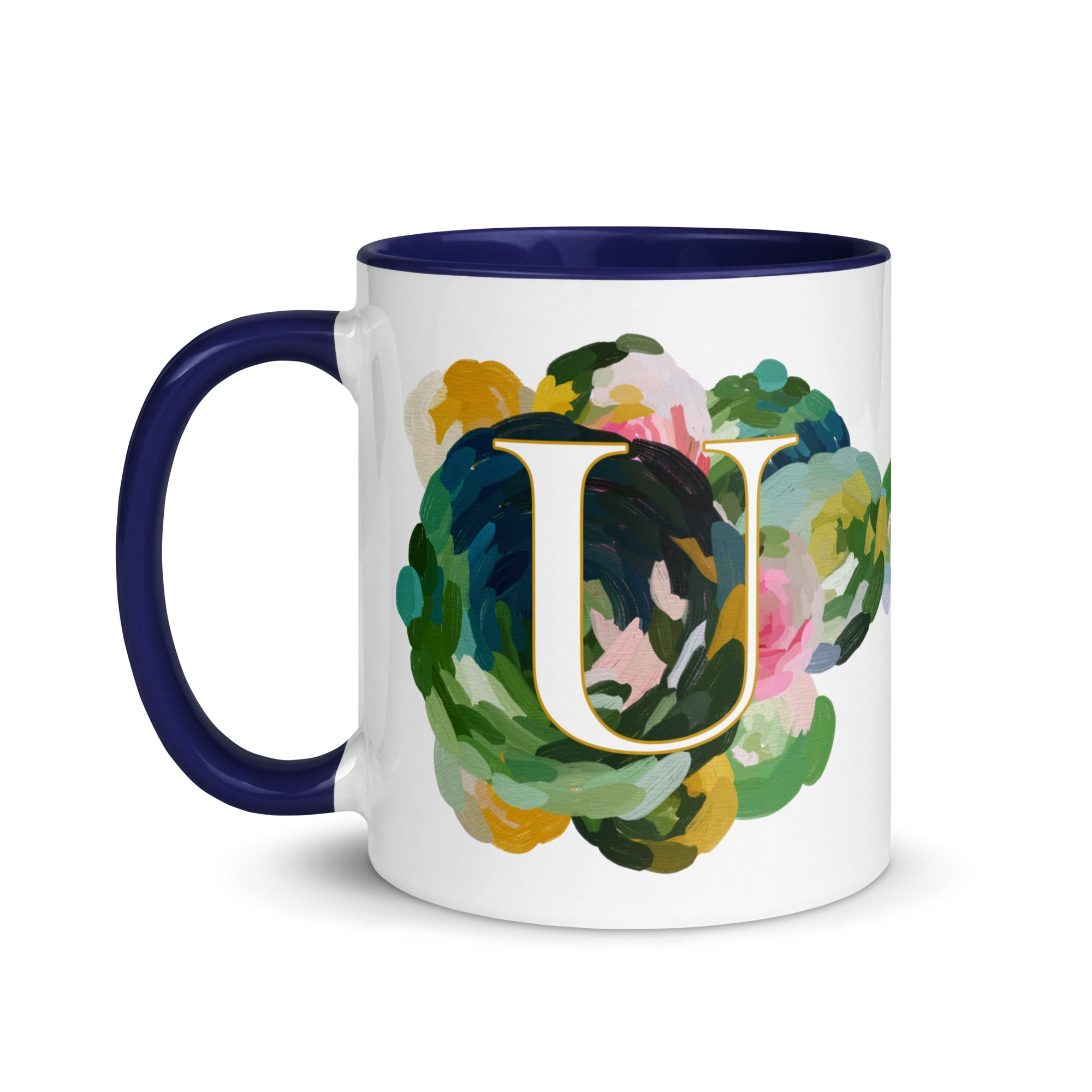 Blue Flowers Monogram Ceramic Mug - Letter U - Pretty coffee and tea mug for flower lovers. Colored on the inside and the handle. Art by Parima Studio. Chic floral mug