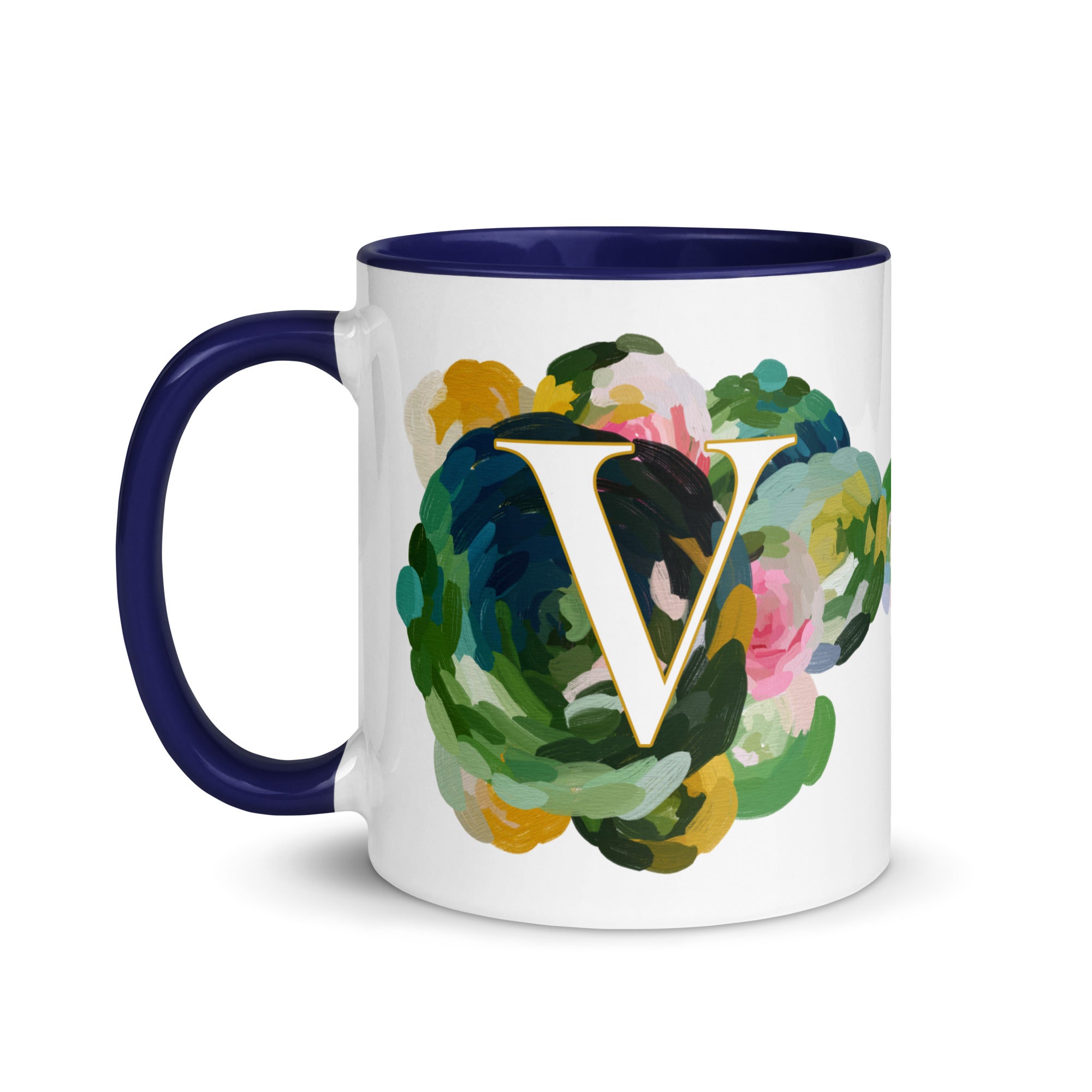 Blue Flowers Monogram Ceramic Mug - Letter V - Pretty coffee and tea mug for flower lovers. Colored on the inside and the handle. Art by Parima Studio. Chic floral mug