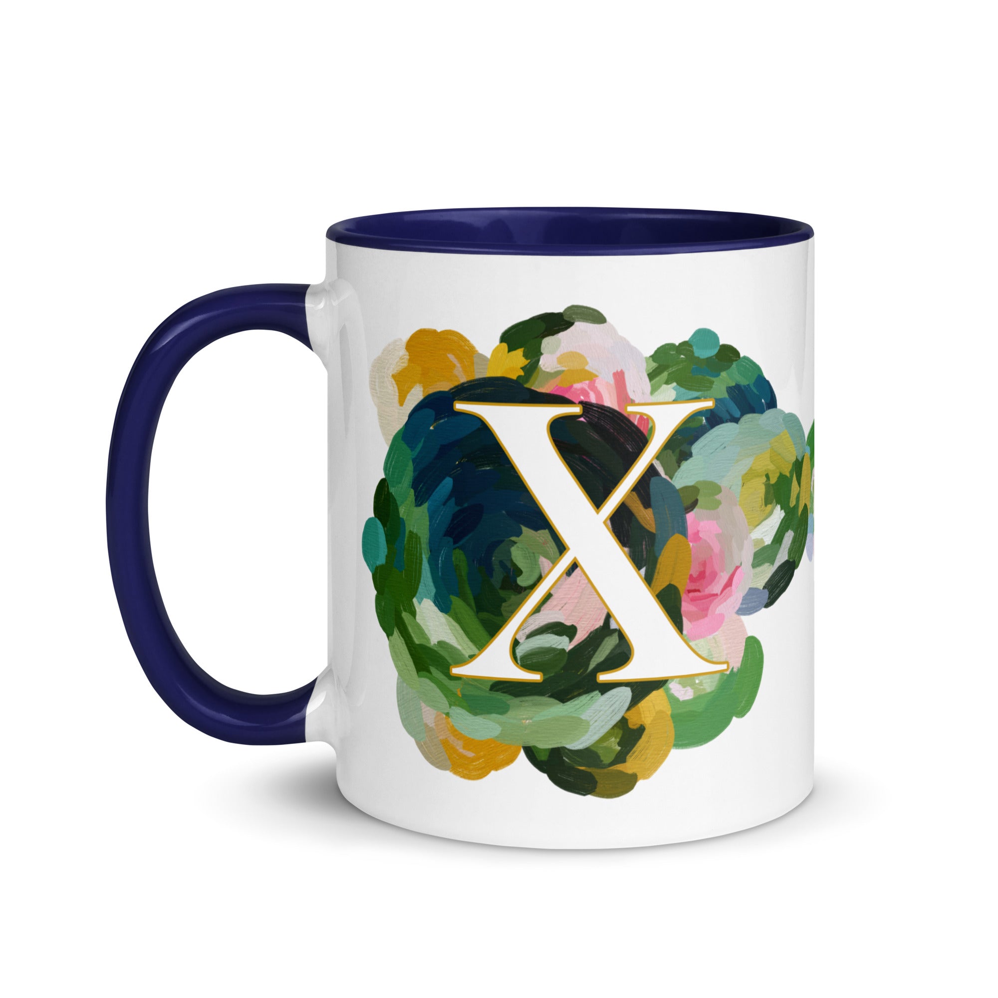 Blue Flowers Monogram Ceramic Mug - Letter X - Pretty coffee and tea mug for flower lovers. Colored on the inside and the handle. Art by Parima Studio. Chic floral mug