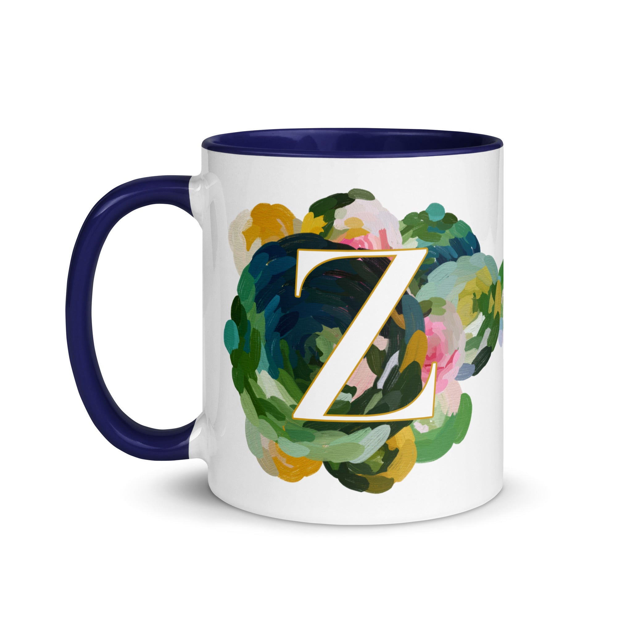 Blue Flowers Monogram Ceramic Mug - Letter Z - Pretty coffee and tea mug for flower lovers. Colored on the inside and the handle. Art by Parima Studio. Chic floral mug