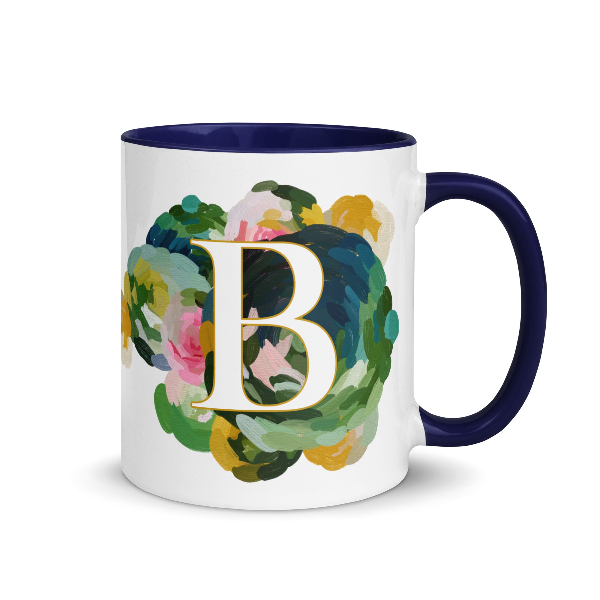 Blue Flowers Monogram Ceramic Mug - Letter B - Pretty coffee and tea mug for flower lovers. Colored on the inside and the handle. Art by Parima Studio. Chic floral mug