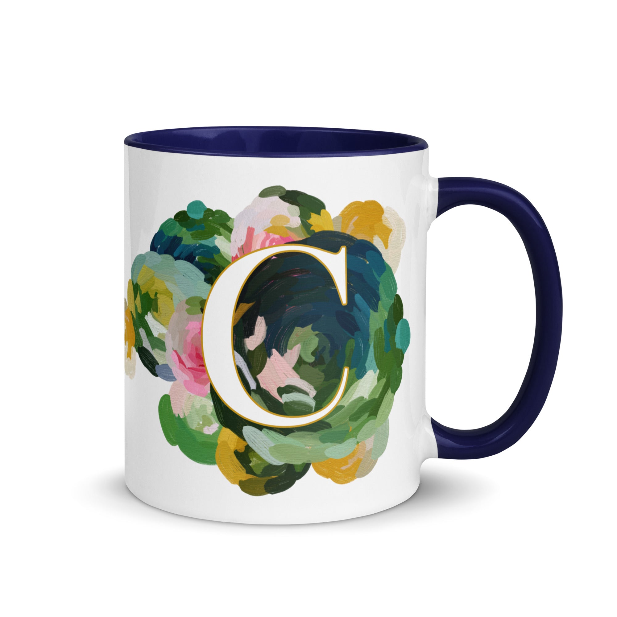 Blue Flowers Monogram Ceramic Mug - Letter C - Pretty coffee and tea mug for flower lovers. Colored on the inside and the handle. Art by Parima Studio. Chic floral mug
