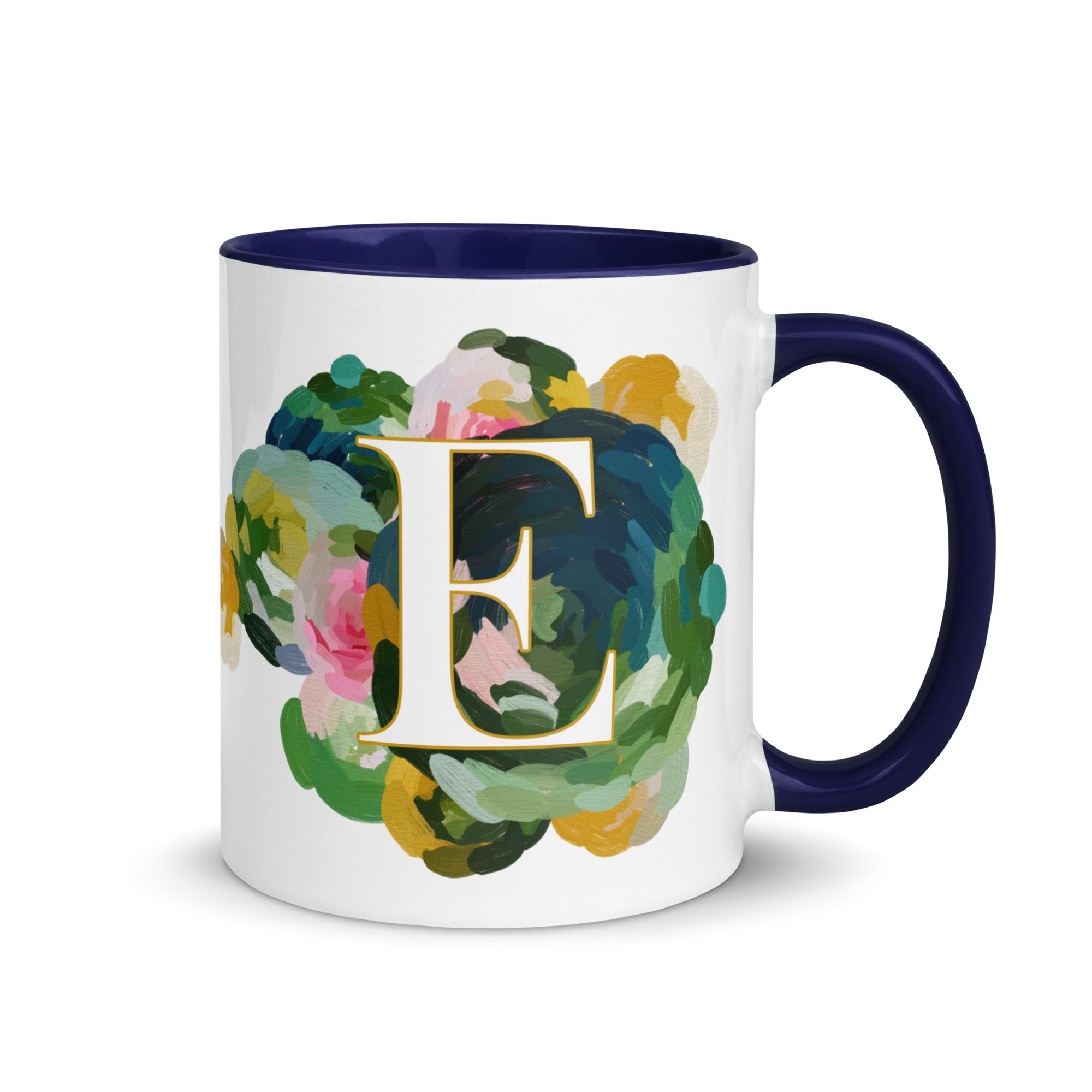 Blue Flowers Monogram Ceramic Mug - Letter E - Pretty coffee and tea mug for flower lovers. Colored on the inside and the handle. Art by Parima Studio. Chic floral mug