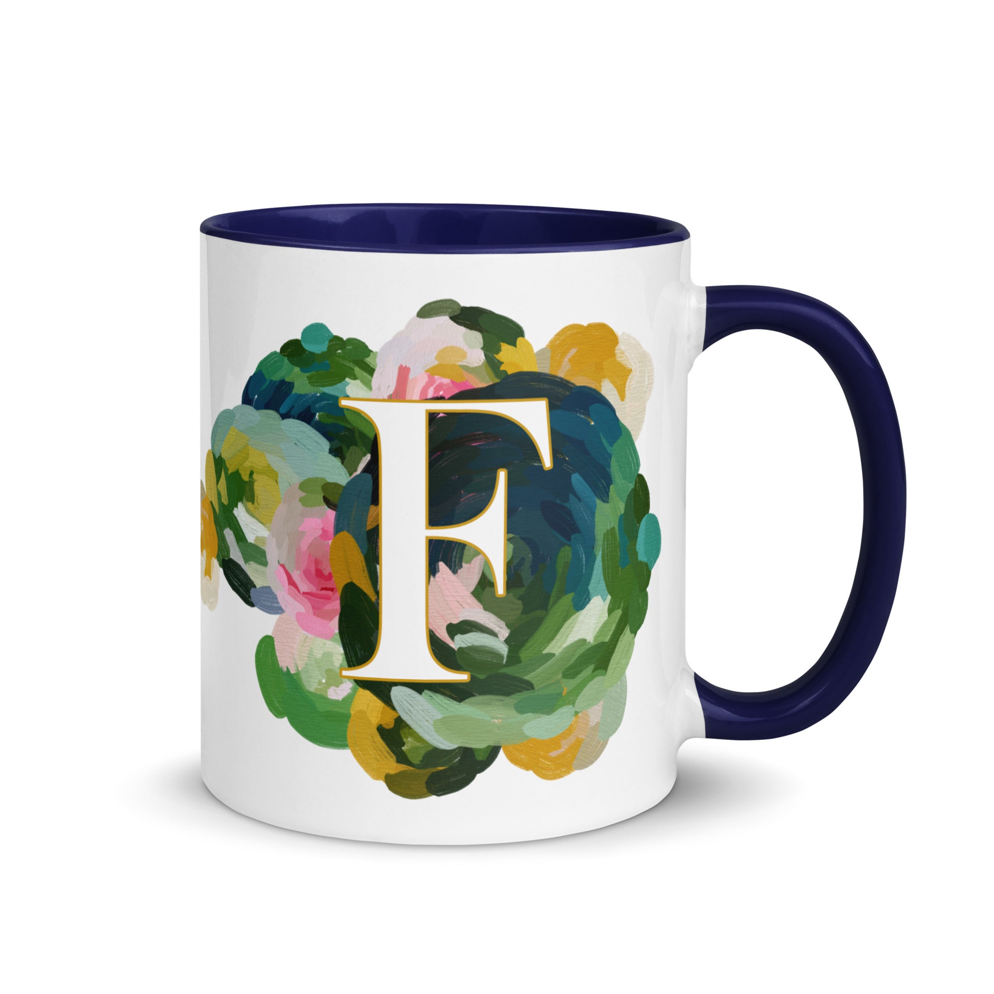 Blue Flowers Monogram Ceramic Mug - Letter F - Pretty coffee and tea mug for flower lovers. Colored on the inside and the handle. Art by Parima Studio. Chic floral mug