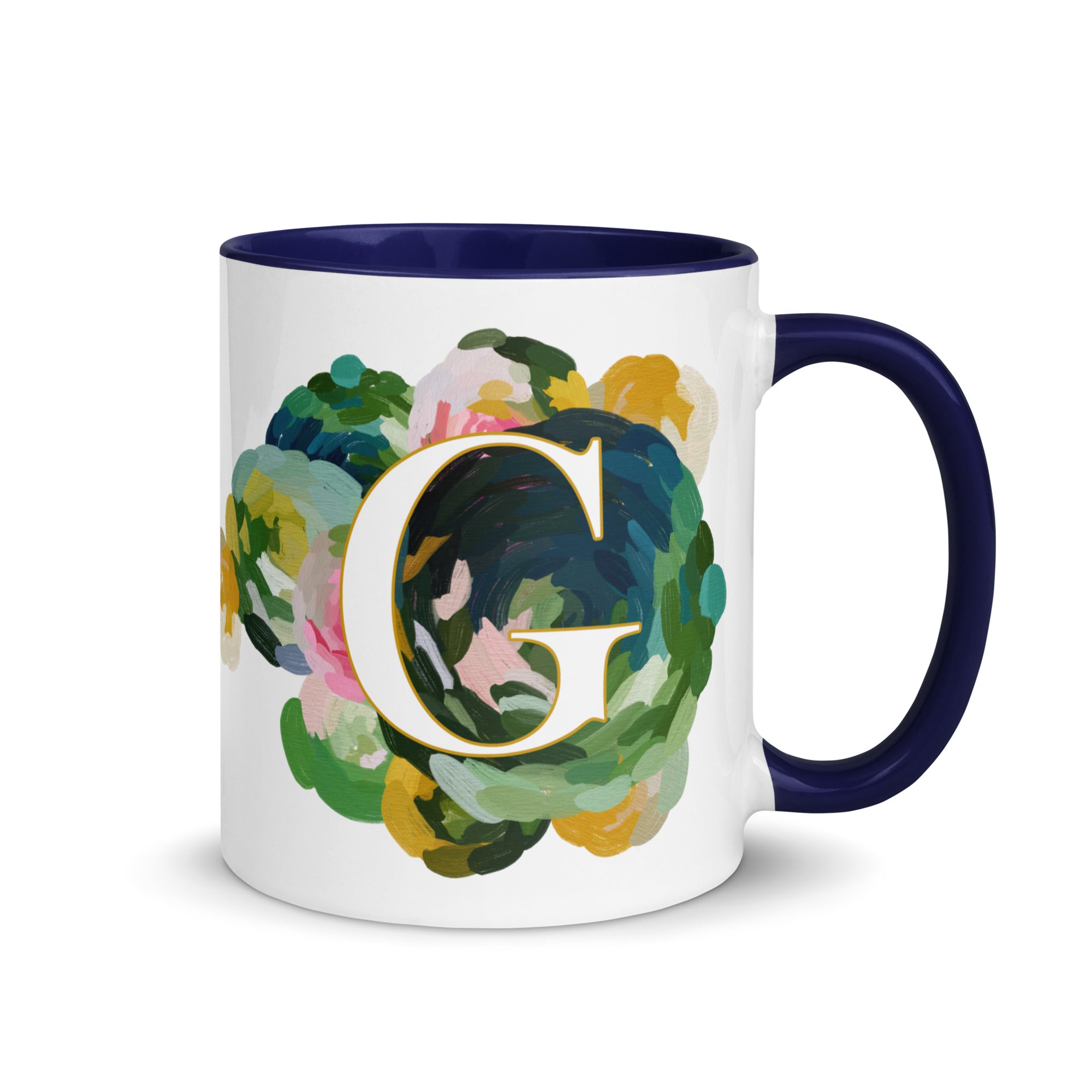 Blue Flowers Monogram Ceramic Mug - Letter G - Pretty coffee and tea mug for flower lovers. Colored on the inside and the handle. Art by Parima Studio. Chic floral mug