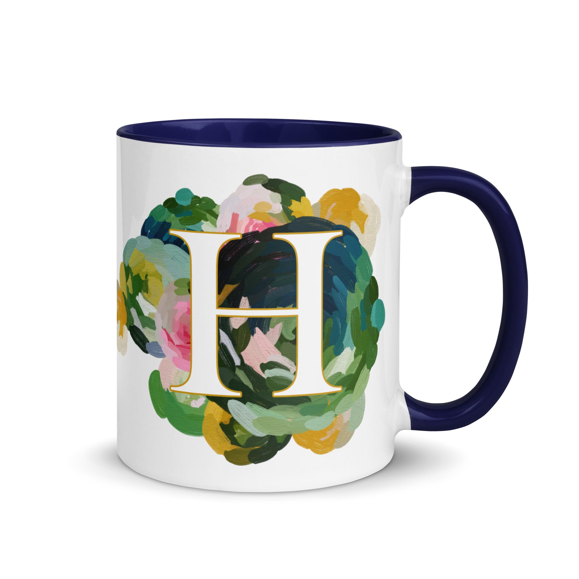 Blue Flowers Monogram Ceramic Mug - Letter H - Pretty coffee and tea mug for flower lovers. Colored on the inside and the handle. Art by Parima Studio. Chic floral mug