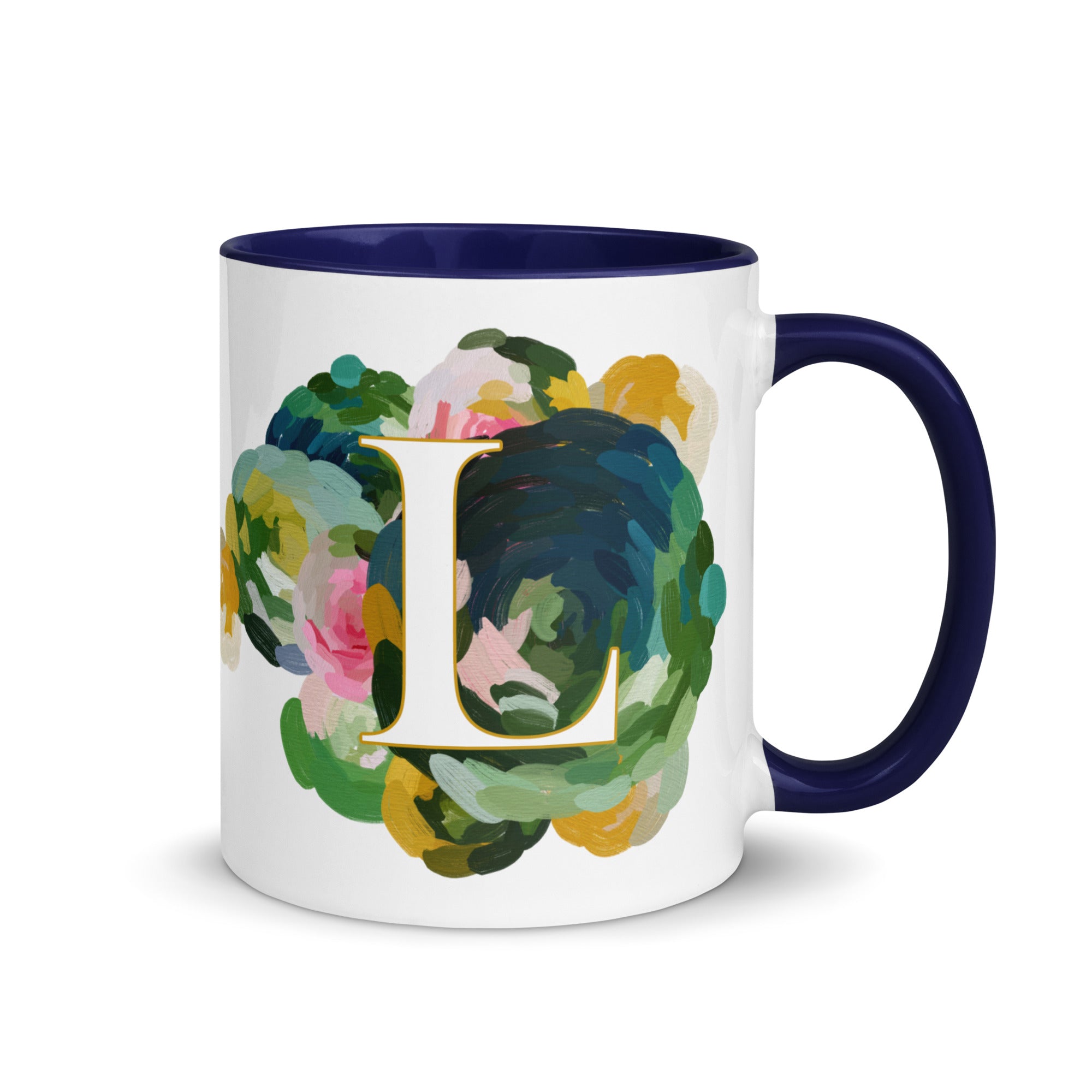 Blue Flowers Monogram Ceramic Mug - Letter L - Pretty coffee and tea mug for flower lovers. Colored on the inside and the handle. Art by Parima Studio. Chic floral mug