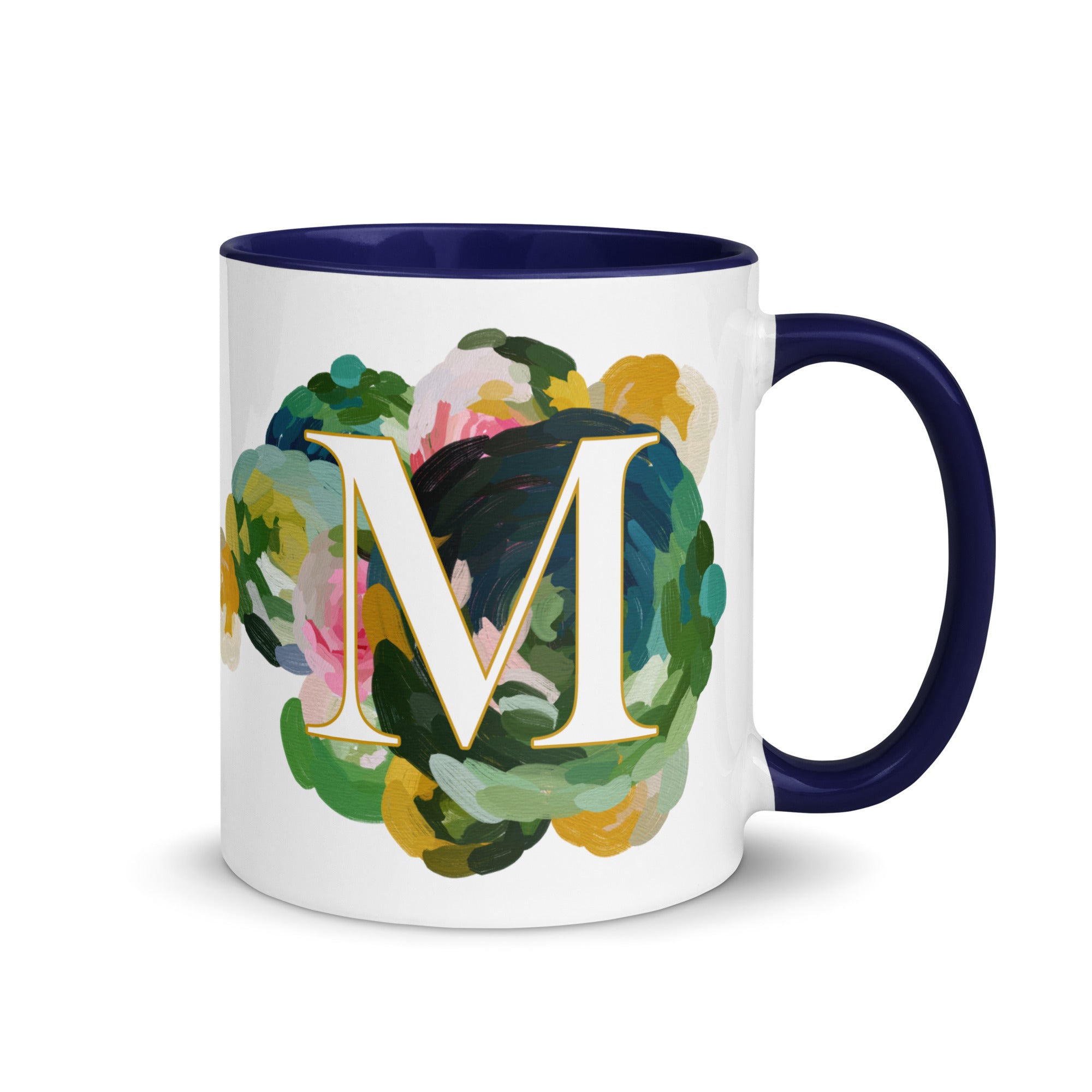 Blue Flowers Monogram Ceramic Mug - Letter M - Pretty coffee and tea mug for flower lovers. Colored on the inside and the handle. Art by Parima Studio. Chic floral mug