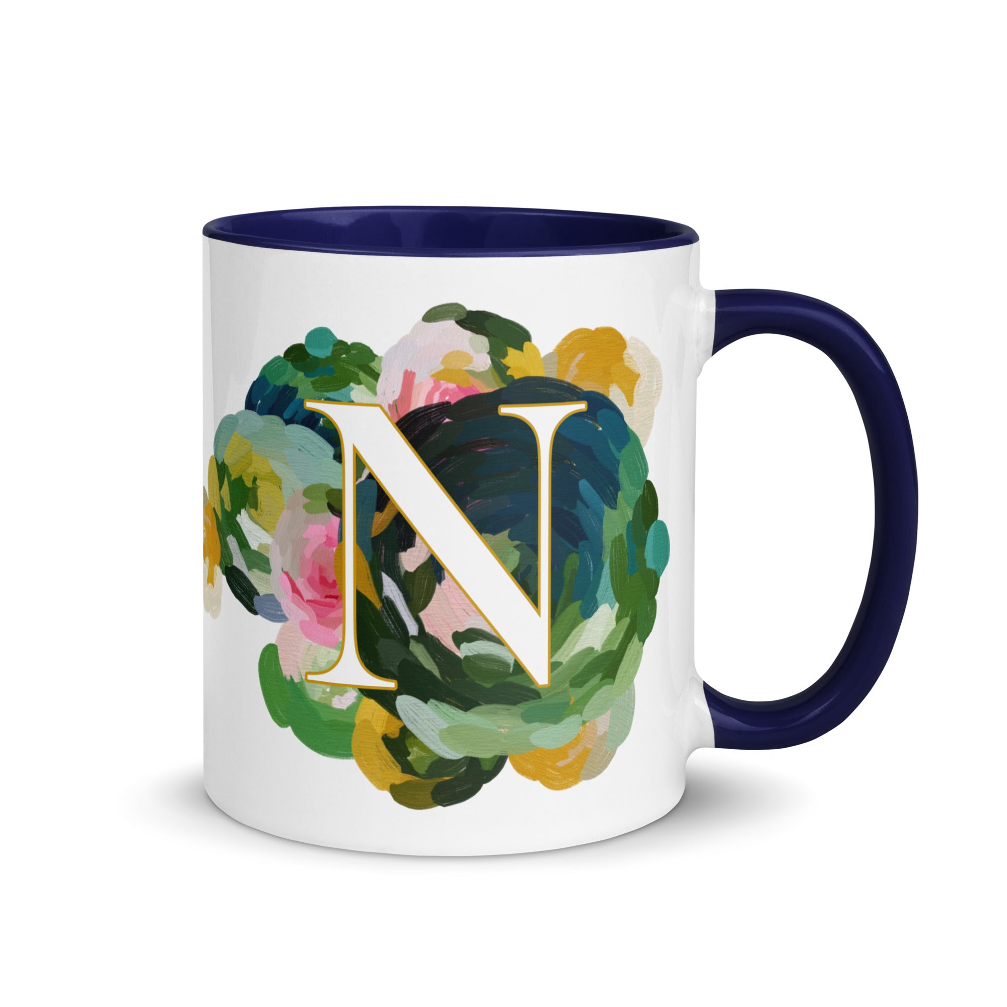 Blue Flowers Monogram Ceramic Mug - Letter N - Pretty coffee and tea mug for flower lovers. Colored on the inside and the handle. Art by Parima Studio. Chic floral mug