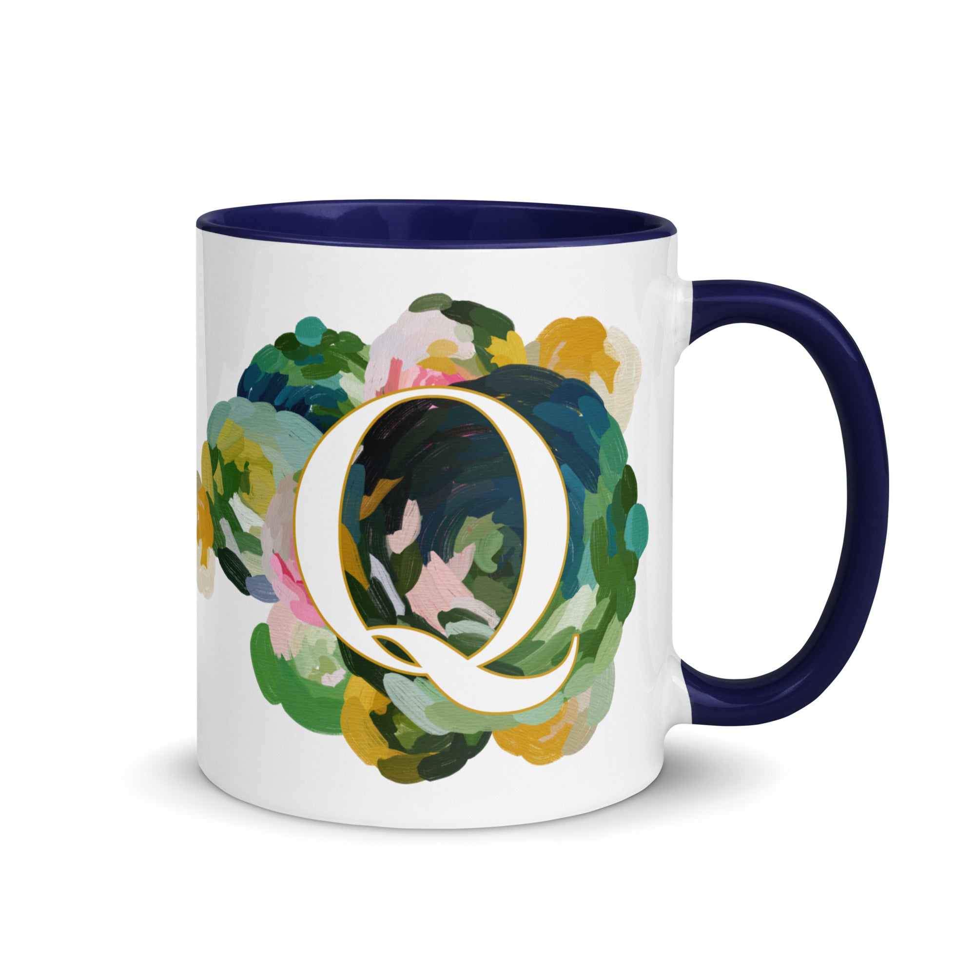 Blue Flowers Monogram Ceramic Mug - Letter Q - Pretty coffee and tea mug for flower lovers. Colored on the inside and the handle. Art by Parima Studio. Chic floral mug