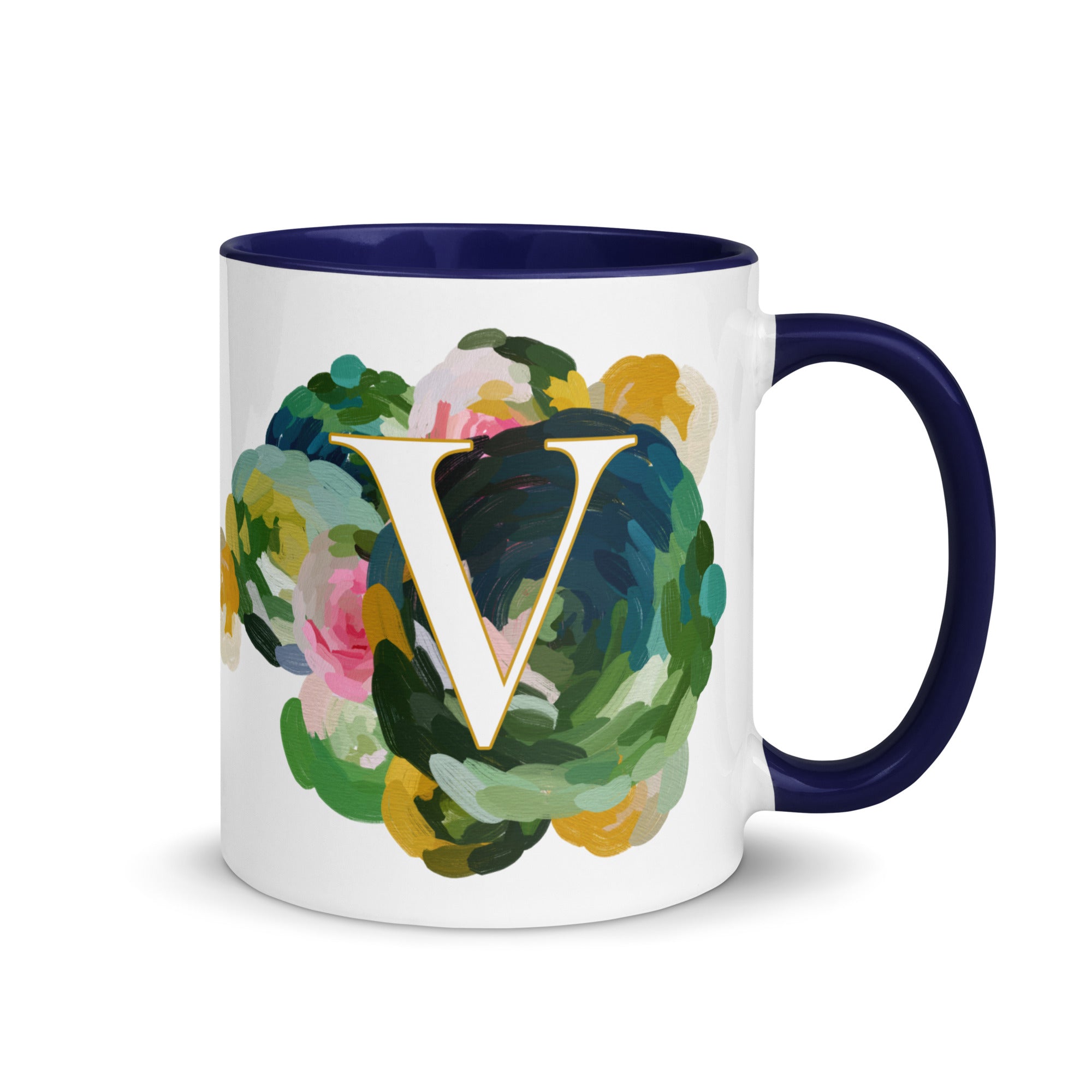 Blue Flowers Monogram Ceramic Mug - Letter V - Pretty coffee and tea mug for flower lovers. Colored on the inside and the handle. Art by Parima Studio. Chic floral mug