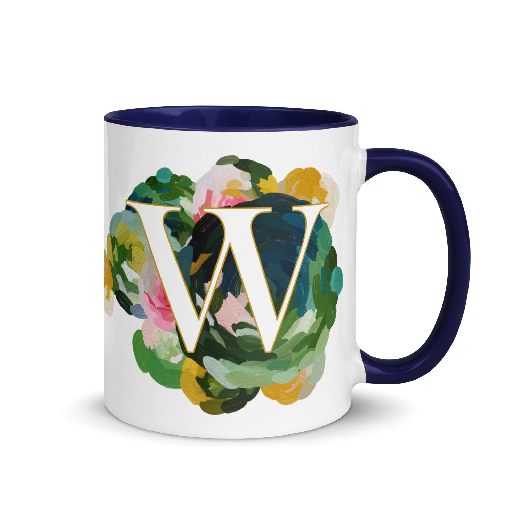 Blue Flowers Monogram Ceramic Mug - Letter W - Pretty coffee and tea mug for flower lovers. Colored on the inside and the handle. Art by Parima Studio. Chic floral mug