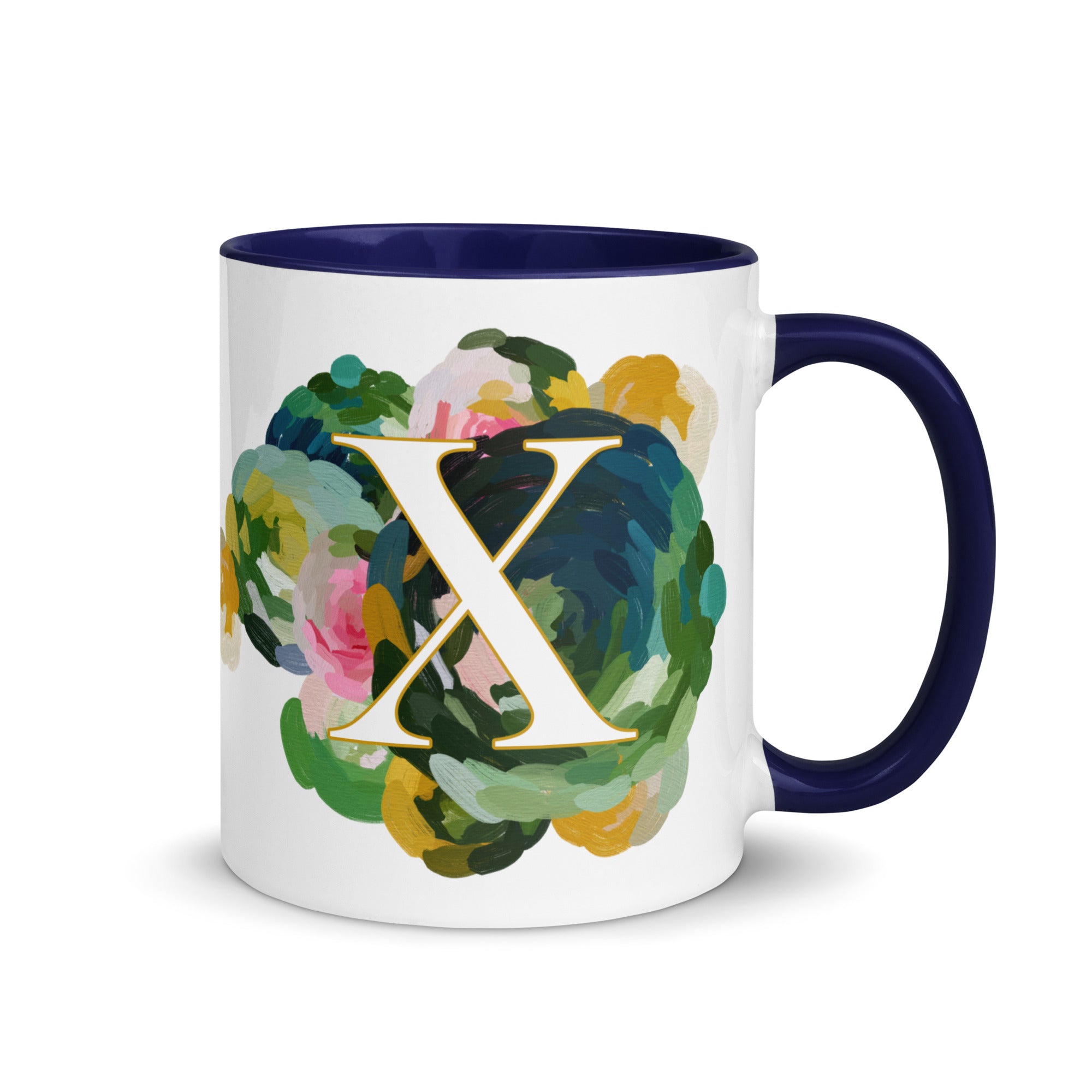 Blue Flowers Monogram Ceramic Mug - Letter X - Pretty coffee and tea mug for flower lovers. Colored on the inside and the handle. Art by Parima Studio. Chic floral mug
