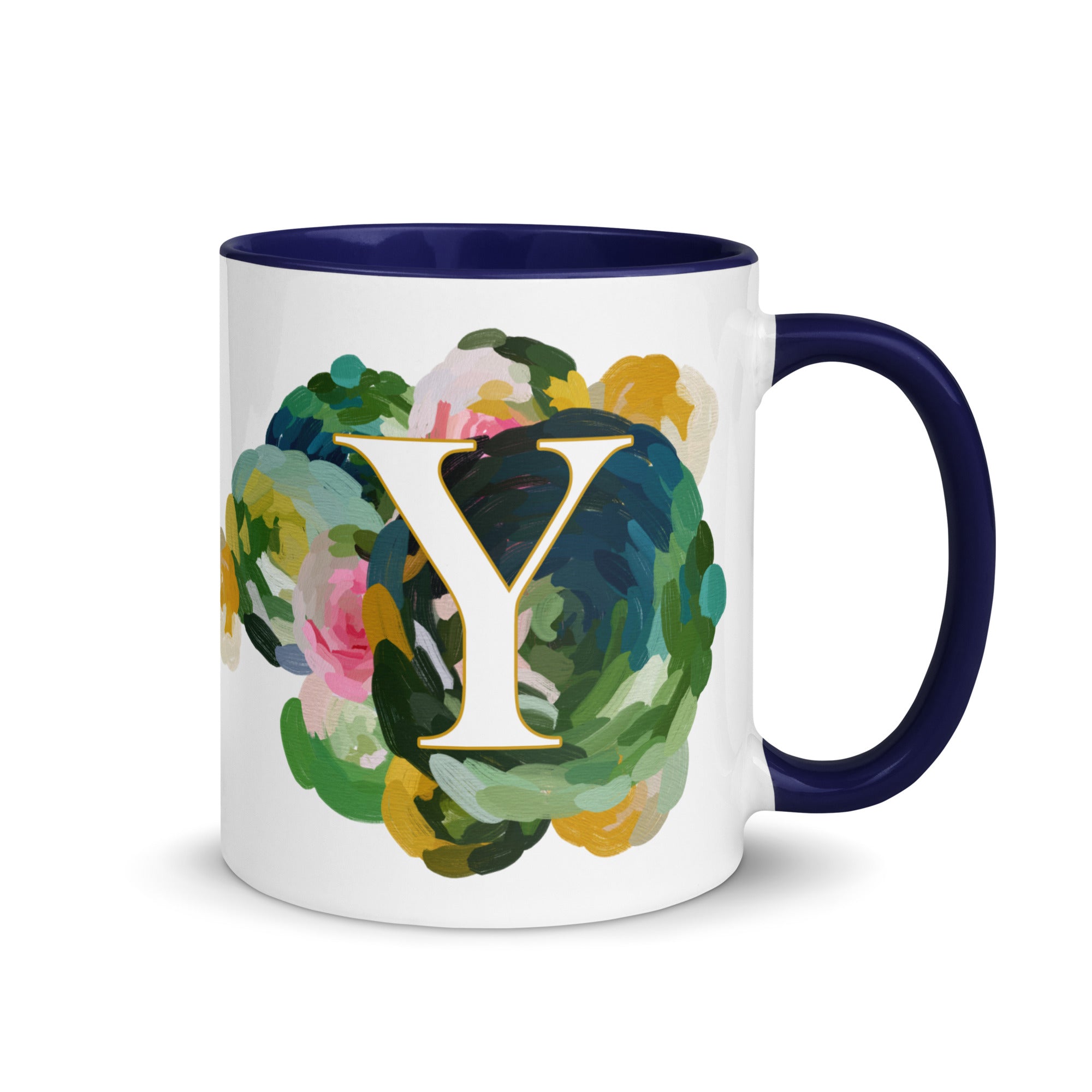 Blue Flowers Monogram Ceramic Mug - Letter Y - Pretty coffee and tea mug for flower lovers. Colored on the inside and the handle. Art by Parima Studio. Chic floral mug