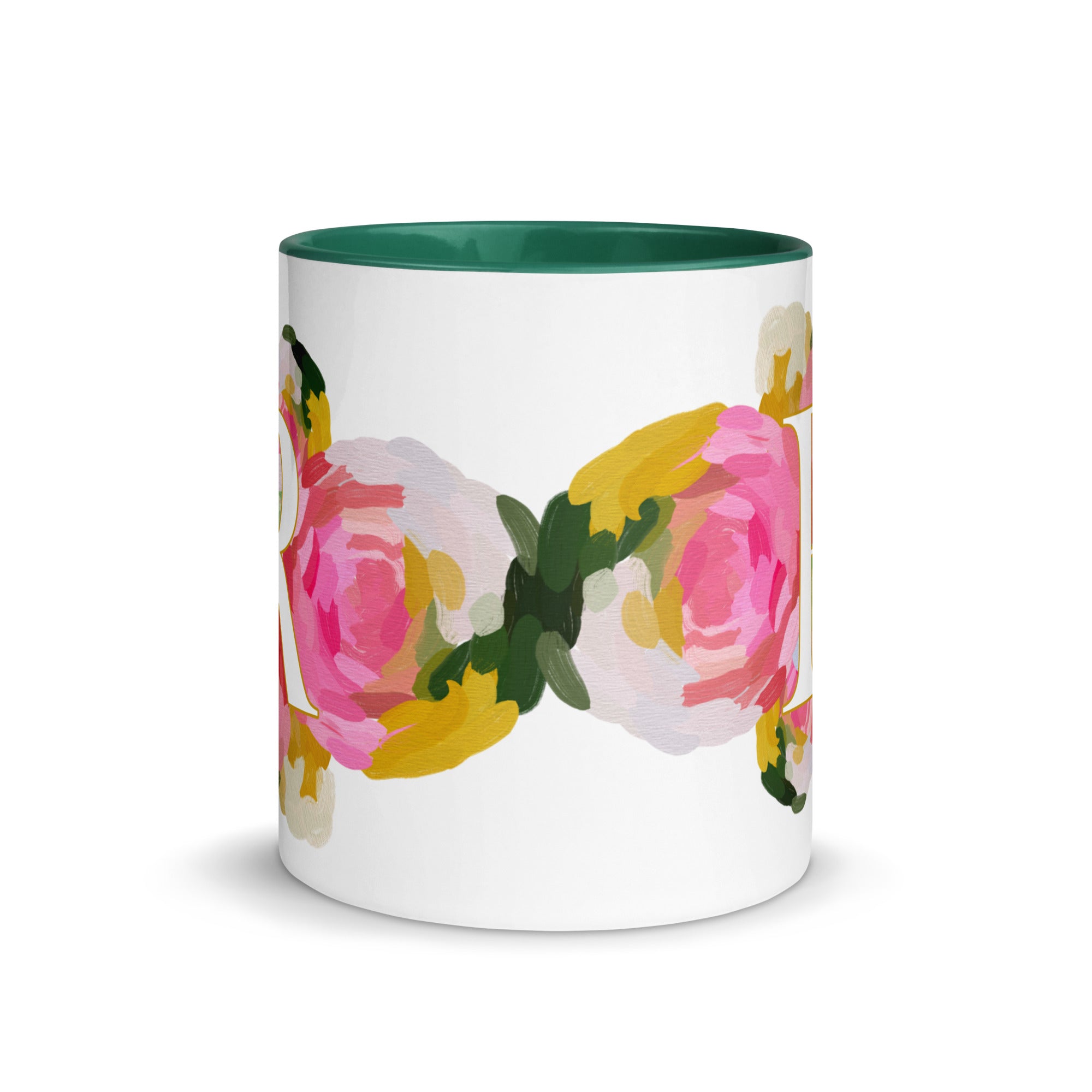 Pink Flowers Monogram Ceramic Mug - Letter R - Pretty coffee and tea mug for flower lovers. Green colored on the inside and the handle. Art by Parima Studio. Chic floral mug