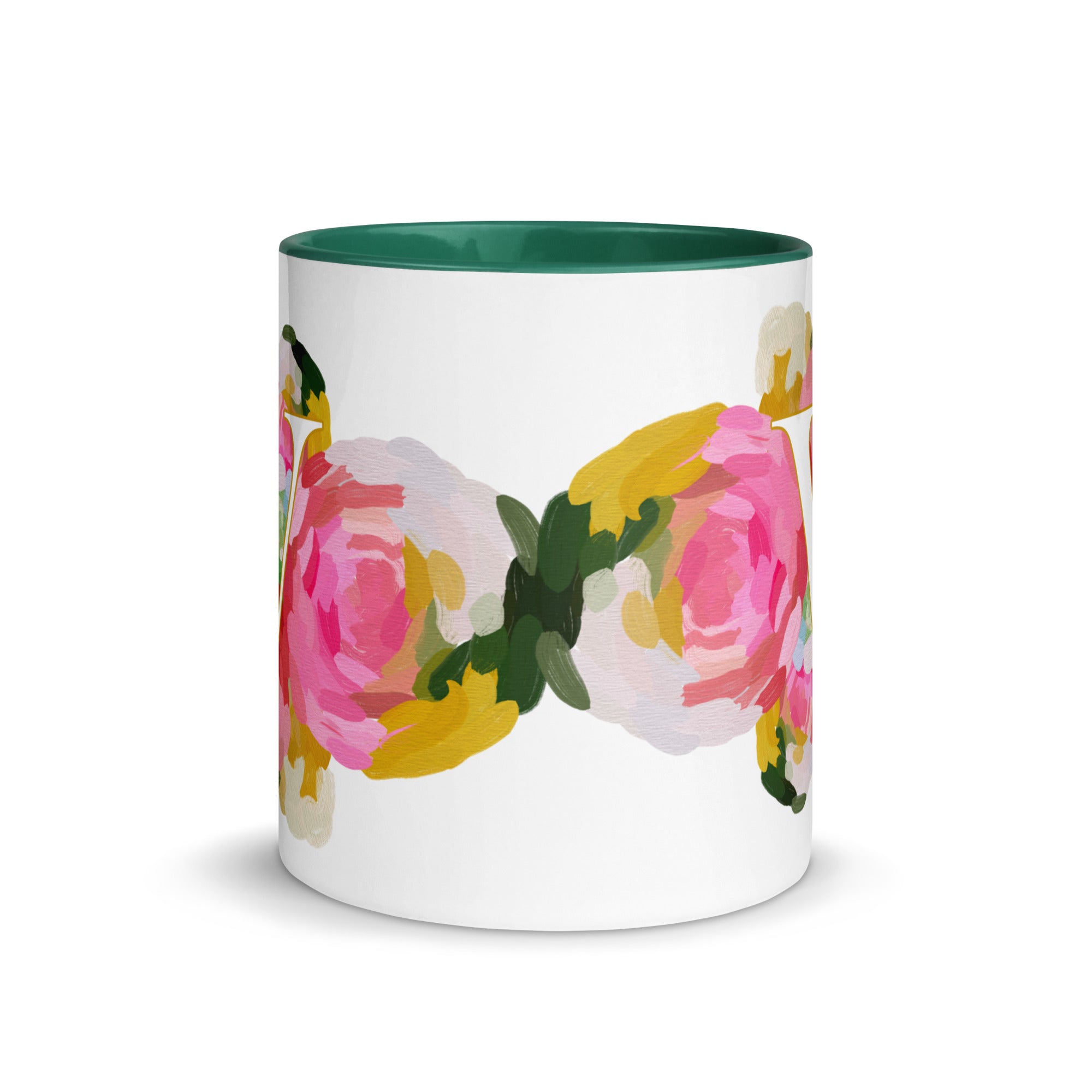 Pink Flowers Monogram Ceramic Mug - Letter V - Pretty coffee and tea mug for flower lovers. Green colored on the inside and the handle. Art by Parima Studio. Chic floral mug