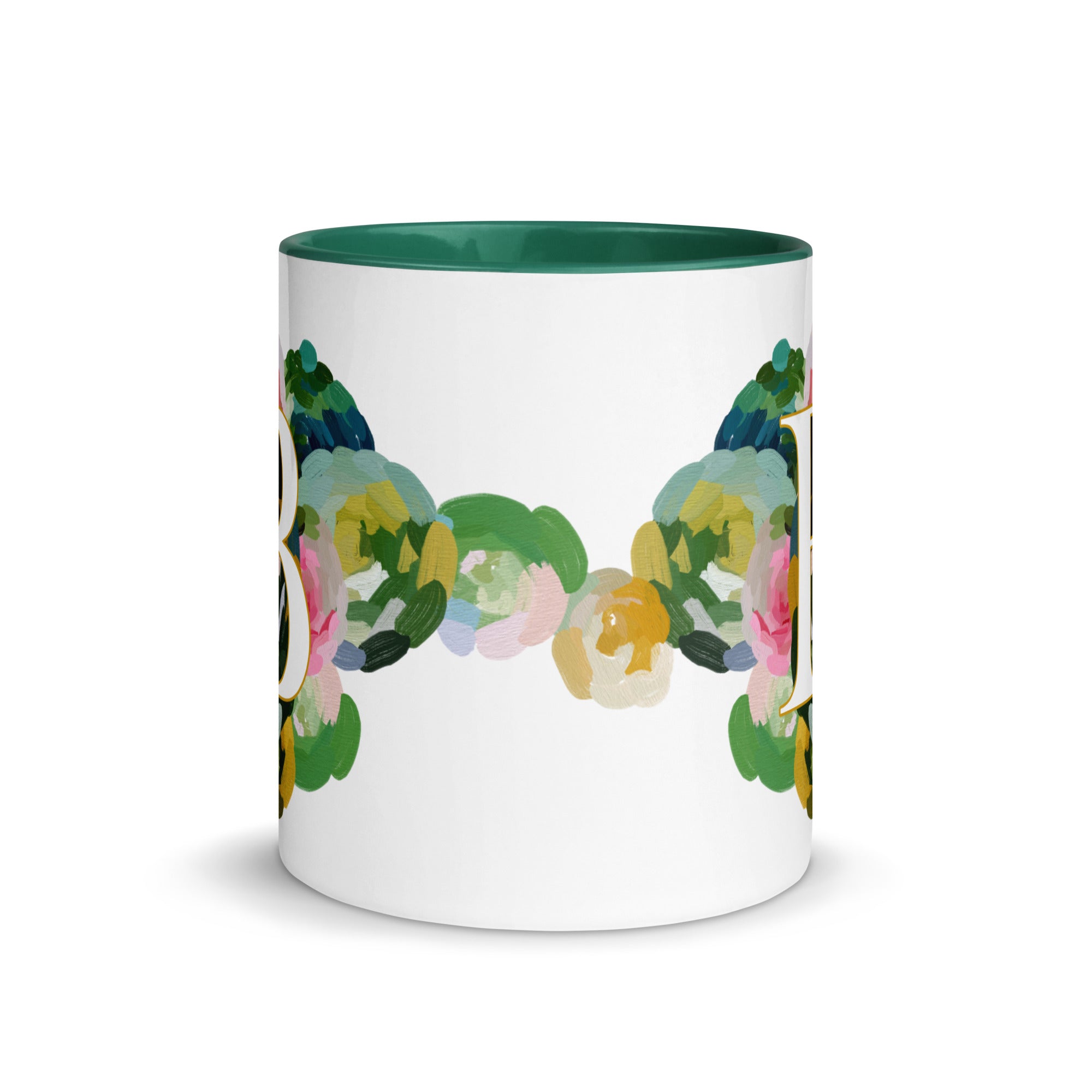 Blue Flowers Monogram Ceramic Mug - Letter B - Pretty coffee and tea mug for flower lovers. Green colored on the inside and the handle. Art by Parima Studio. Chic floral mug