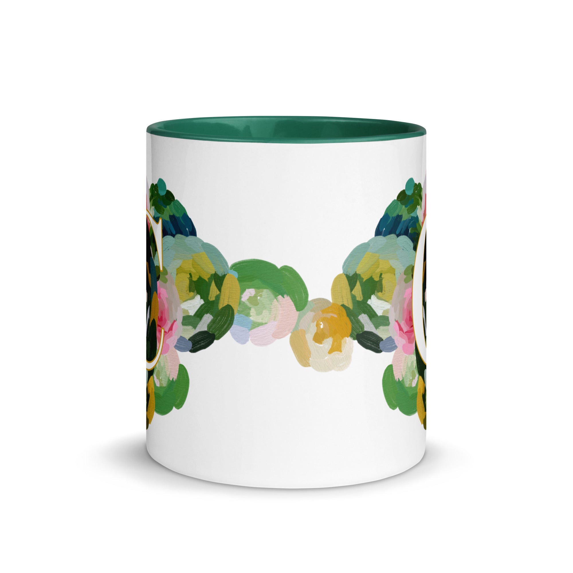 Blue Flowers Monogram Ceramic Mug - Letter C - Pretty coffee and tea mug for flower lovers. Green colored on the inside and the handle. Art by Parima Studio. Chic floral mug