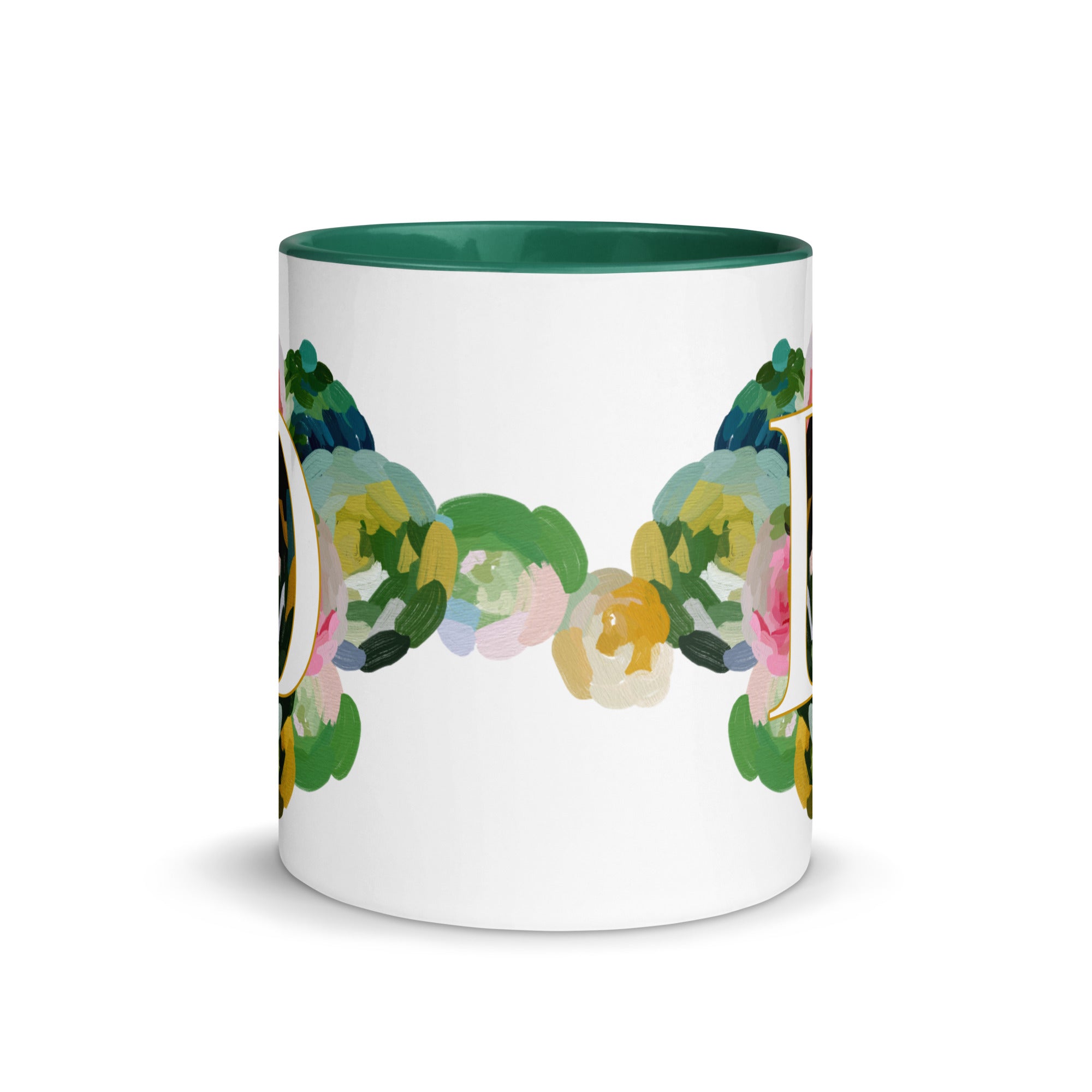 Blue Flowers Monogram Ceramic Mug - Letter D - Pretty coffee and tea mug for flower lovers. Green colored on the inside and the handle. Art by Parima Studio. Chic floral mug