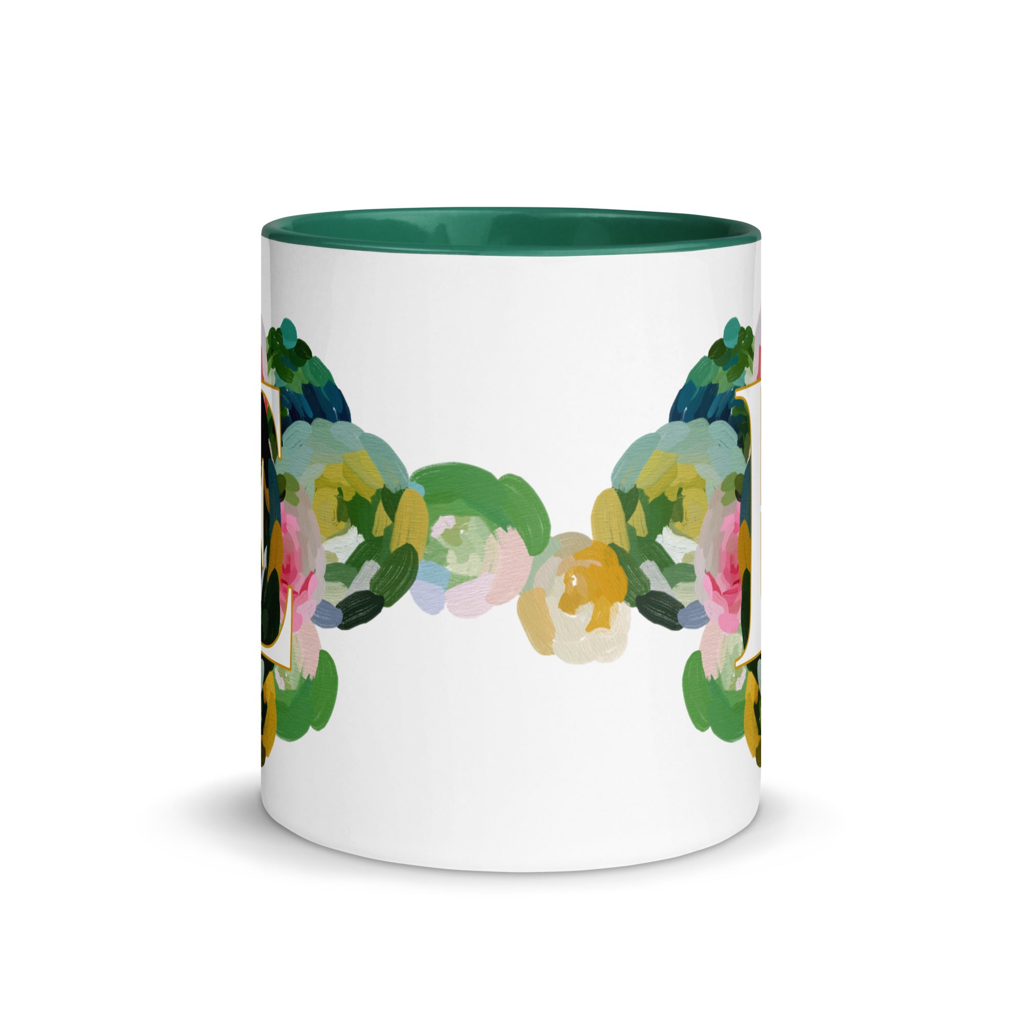 Blue Flowers Monogram Ceramic Mug - Letter E - Pretty coffee and tea mug for flower lovers. Green colored on the inside and the handle. Art by Parima Studio. Chic floral mug