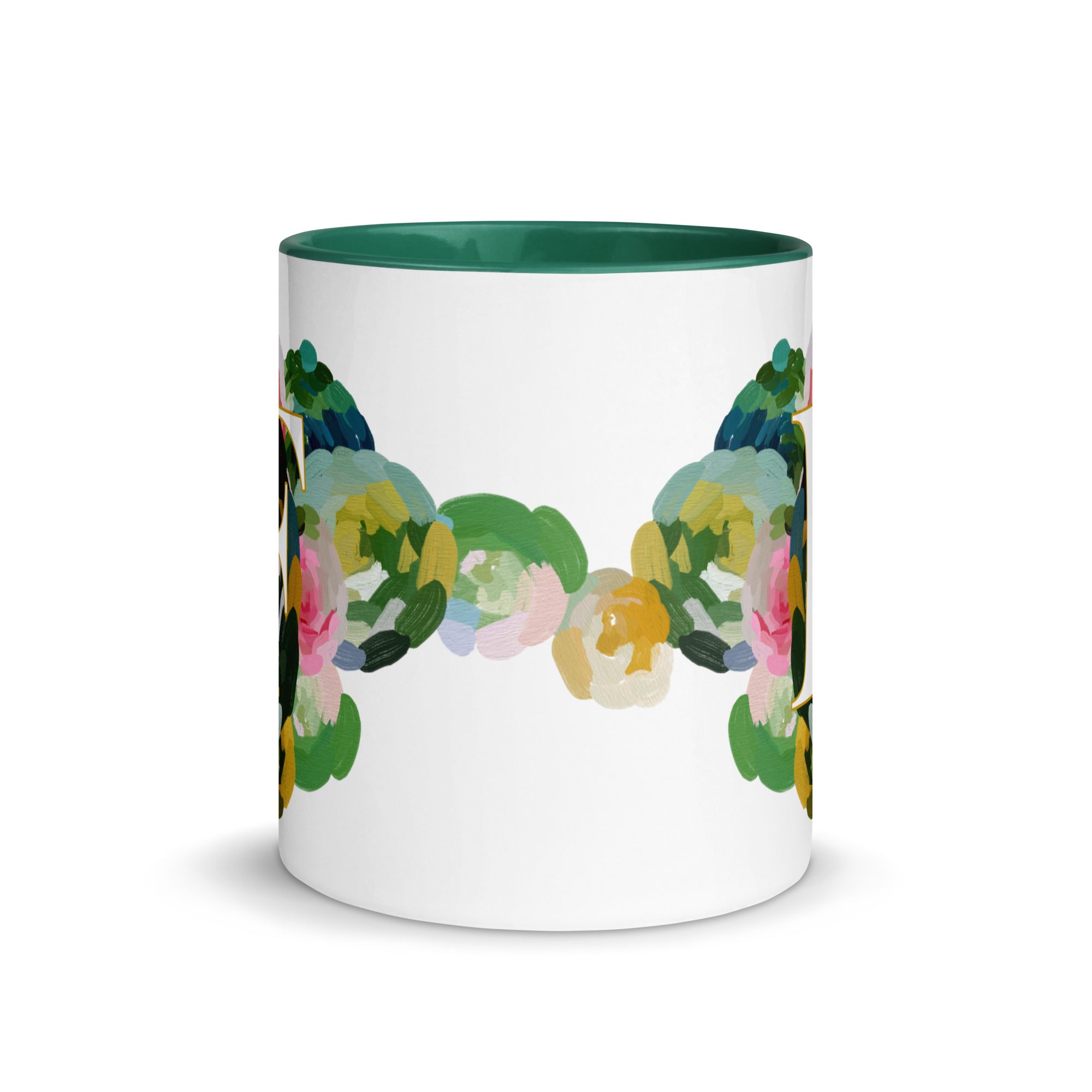 Blue Flowers Monogram Ceramic Mug - Letter F - Pretty coffee and tea mug for flower lovers. Green colored on the inside and the handle. Art by Parima Studio. Chic floral mug