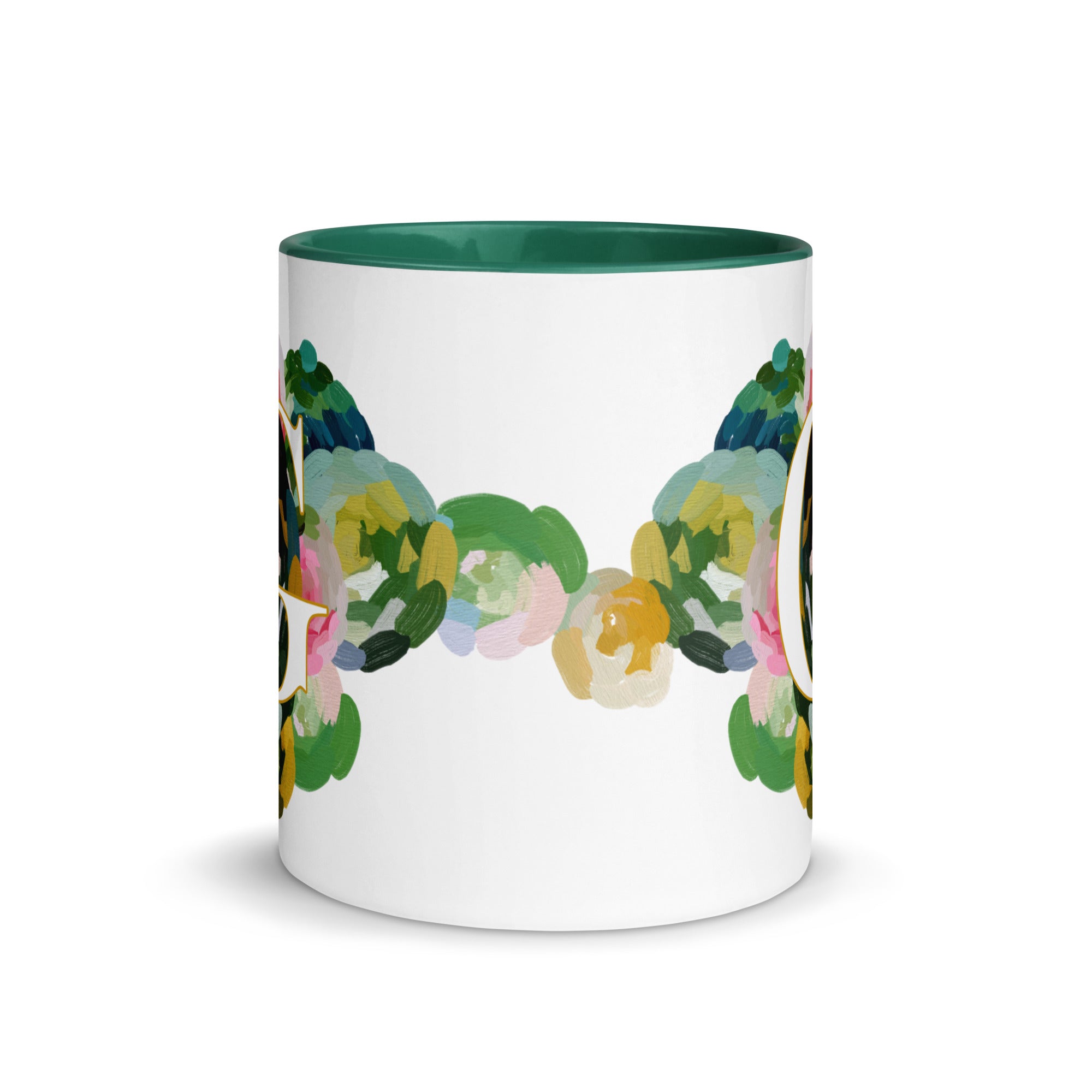 Blue Flowers Monogram Ceramic Mug - Letter G - Pretty coffee and tea mug for flower lovers. Green colored on the inside and the handle. Art by Parima Studio. Chic floral mug