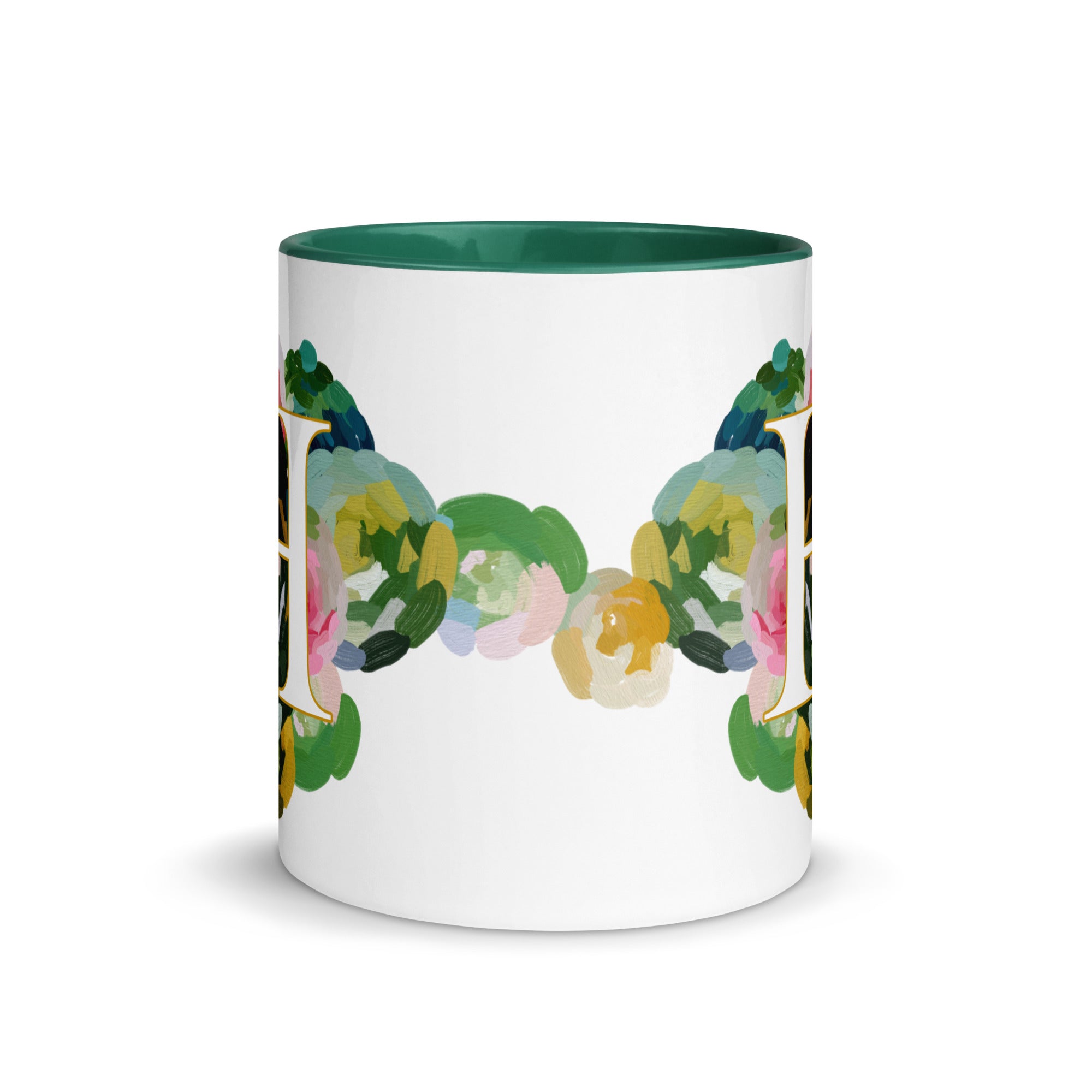 Blue Flowers Monogram Ceramic Mug - Letter H - Pretty coffee and tea mug for flower lovers. Green colored on the inside and the handle. Art by Parima Studio. Chic floral mug