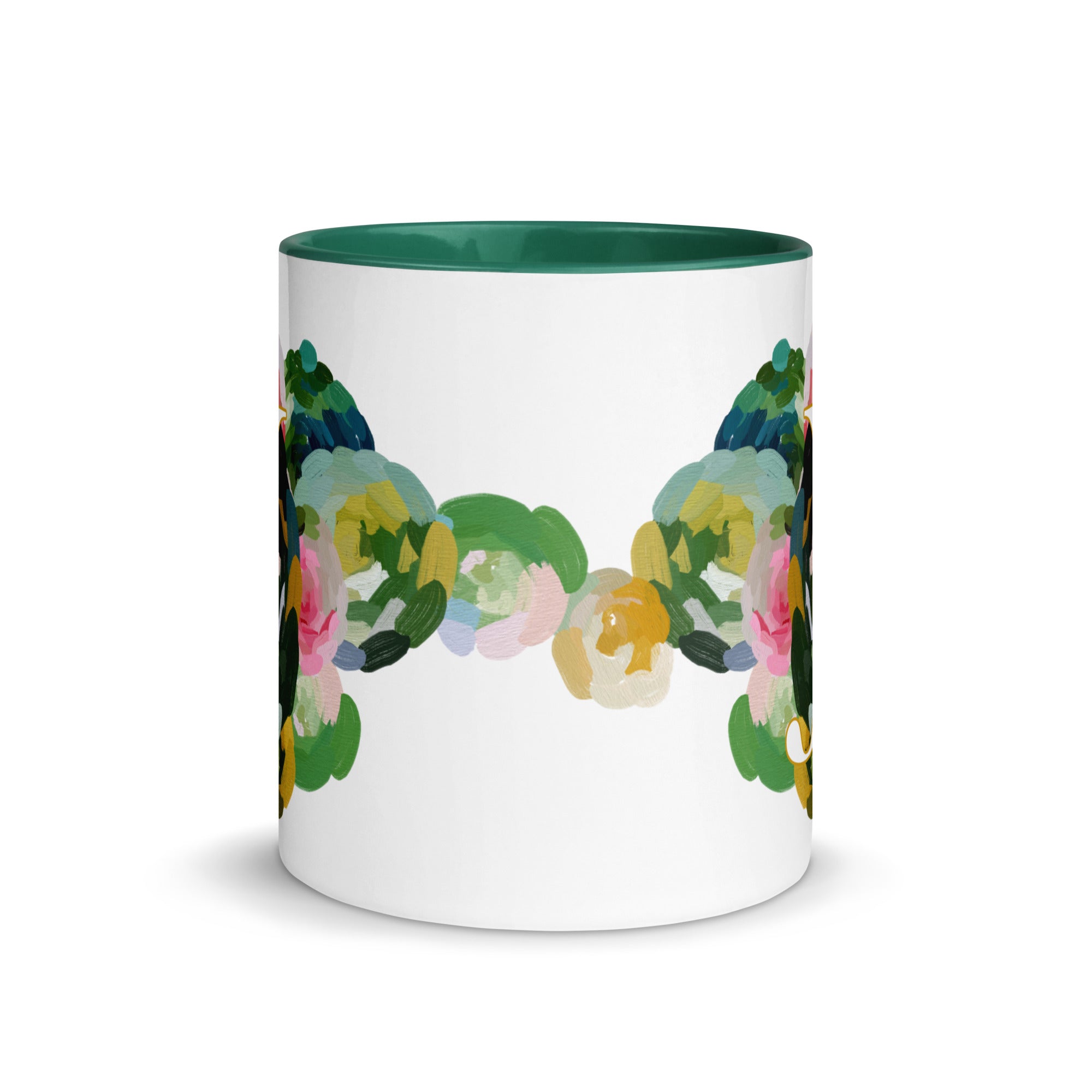 Blue Flowers Monogram Ceramic Mug - Letter J - Pretty coffee and tea mug for flower lovers. Green colored on the inside and the handle. Art by Parima Studio. Chic floral mug