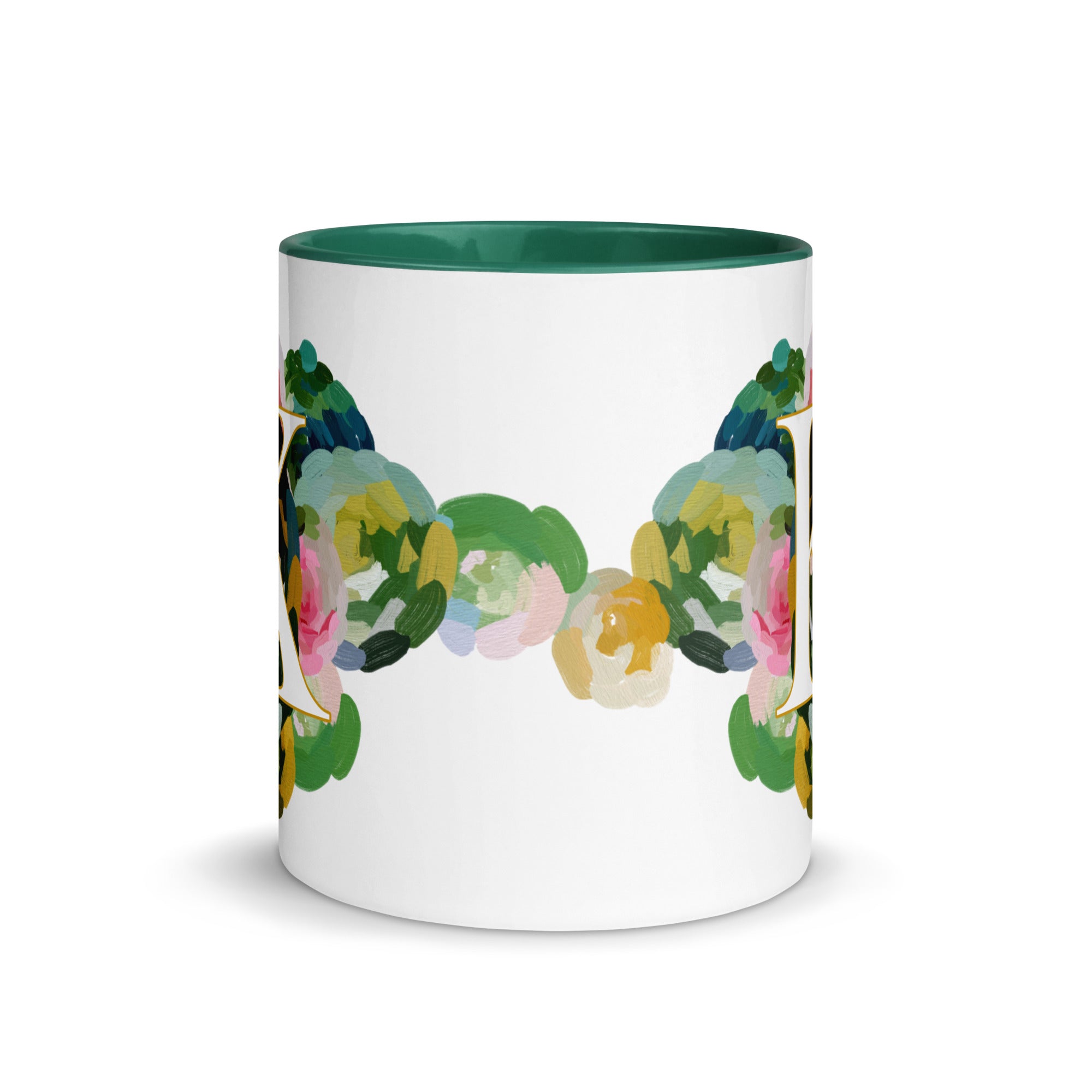 Blue Flowers Monogram Ceramic Mug - Letter K - Pretty coffee and tea mug for flower lovers. Green colored on the inside and the handle. Art by Parima Studio. Chic floral mug