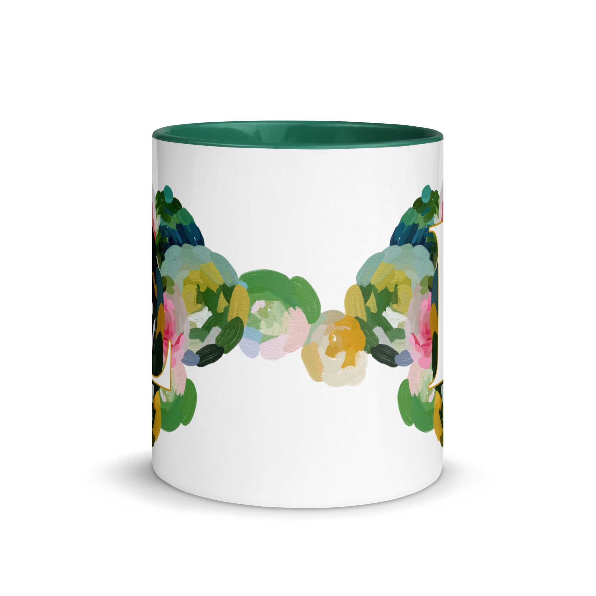 Blue Flowers Monogram Ceramic Mug - Letter L - Pretty coffee and tea mug for flower lovers. Green colored on the inside and the handle. Art by Parima Studio. Chic floral mug