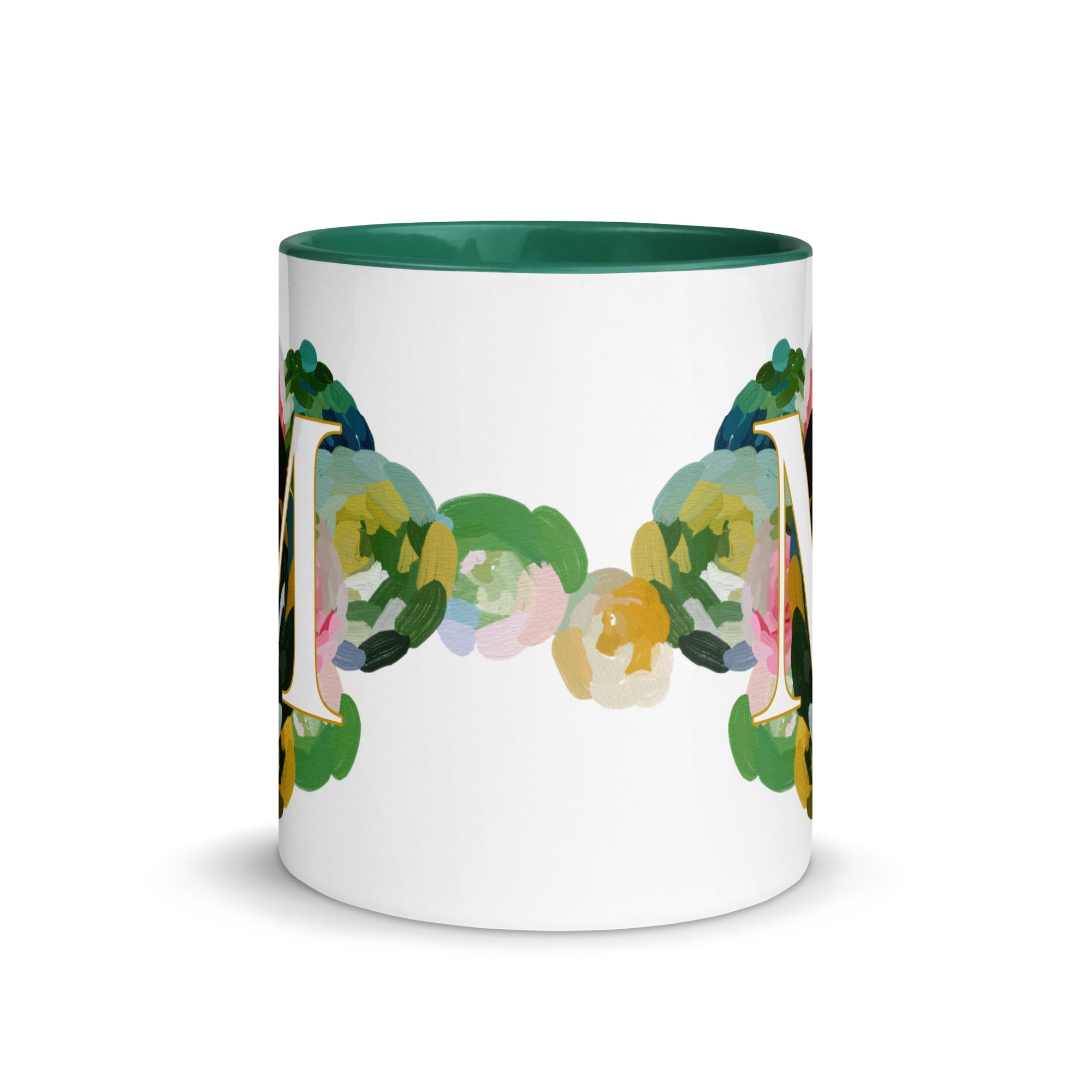 Blue Flowers Monogram Ceramic Mug - Letter M - Pretty coffee and tea mug for flower lovers. Green colored on the inside and the handle. Art by Parima Studio. Chic floral mug