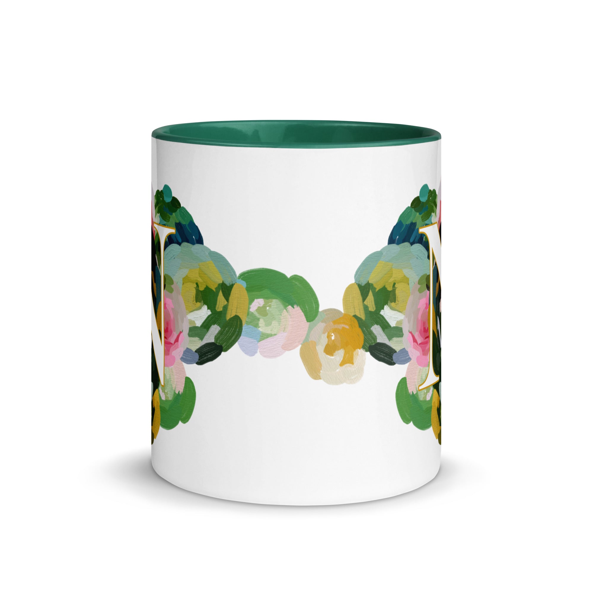 Blue Flowers Monogram Ceramic Mug - Letter N - Pretty coffee and tea mug for flower lovers. Green colored on the inside and the handle. Art by Parima Studio. Chic floral mug