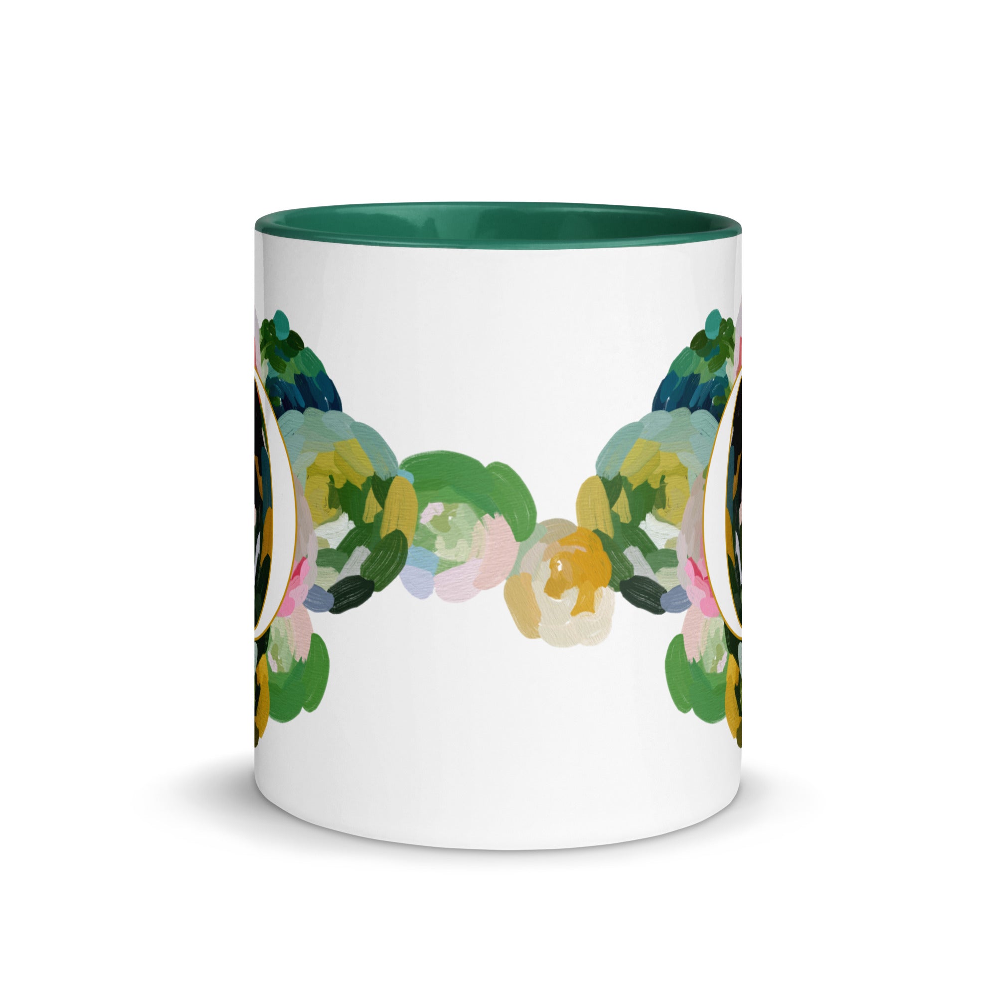 Blue Flowers Monogram Ceramic Mug - Letter O - Pretty coffee and tea mug for flower lovers. Green colored on the inside and the handle. Art by Parima Studio. Chic floral mug