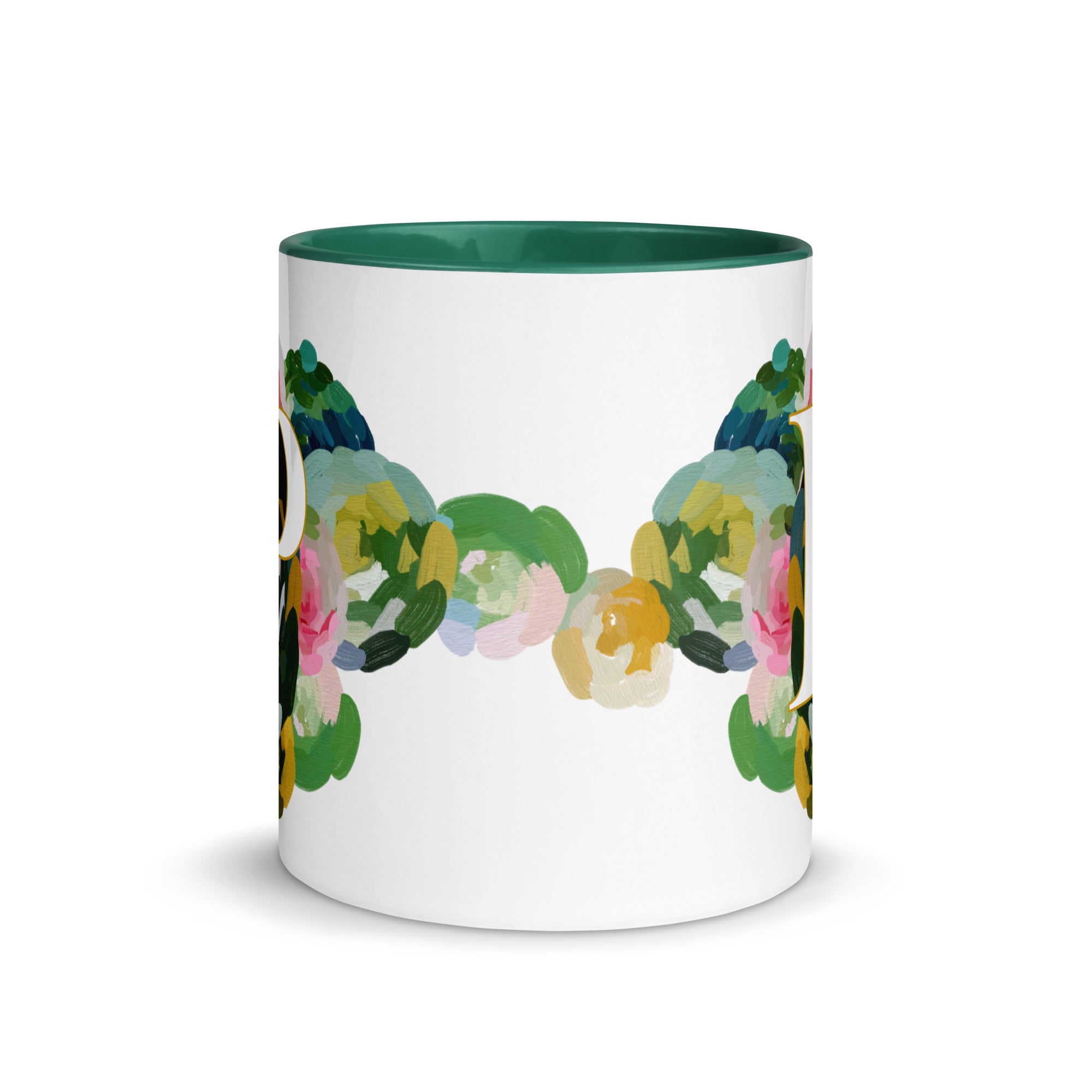 Blue Flowers Monogram Ceramic Mug - Letter P - Pretty coffee and tea mug for flower lovers. Green colored on the inside and the handle. Art by Parima Studio. Chic floral mug