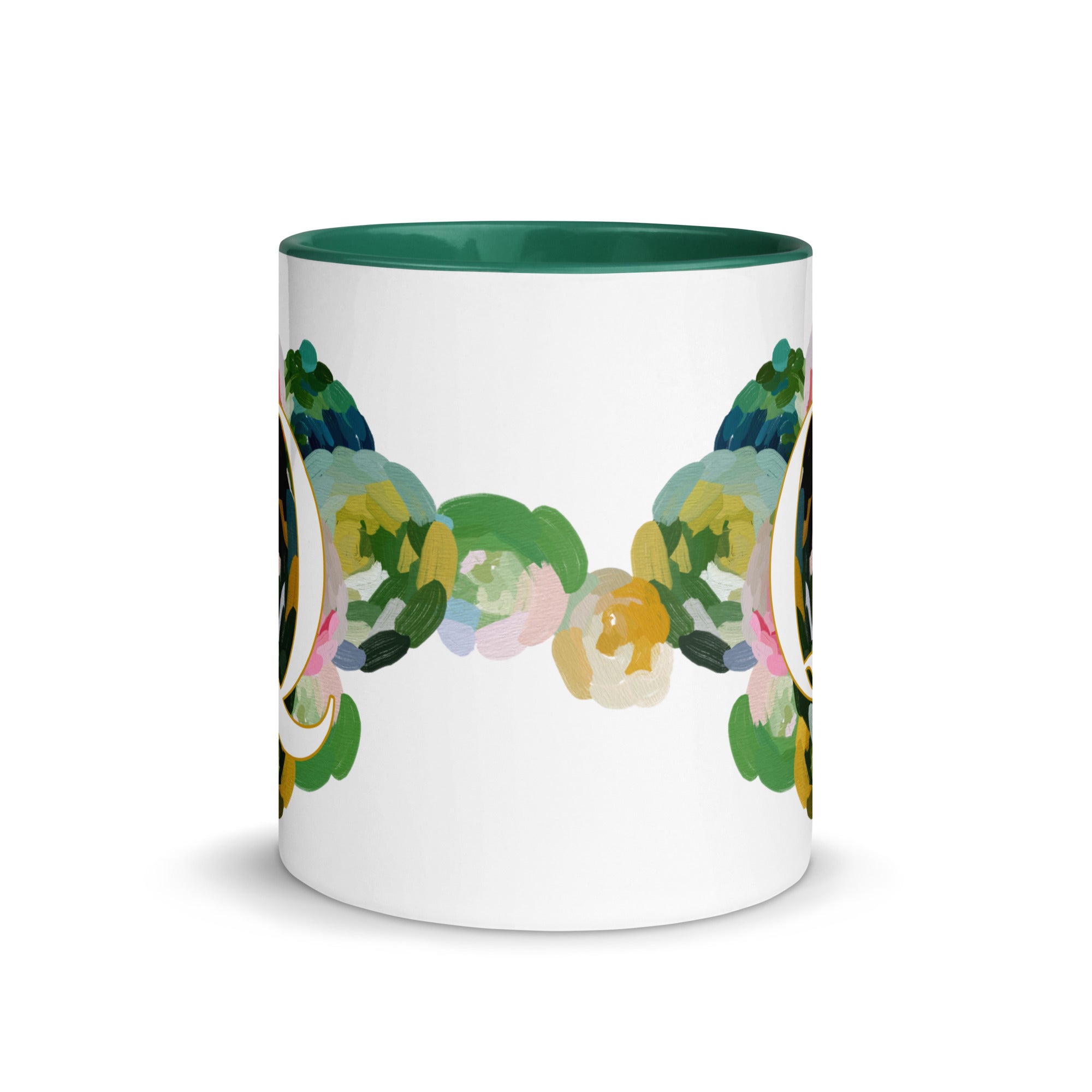 Blue Flowers Monogram Ceramic Mug - Letter Q - Pretty coffee and tea mug for flower lovers. Green colored on the inside and the handle. Art by Parima Studio. Chic floral mug