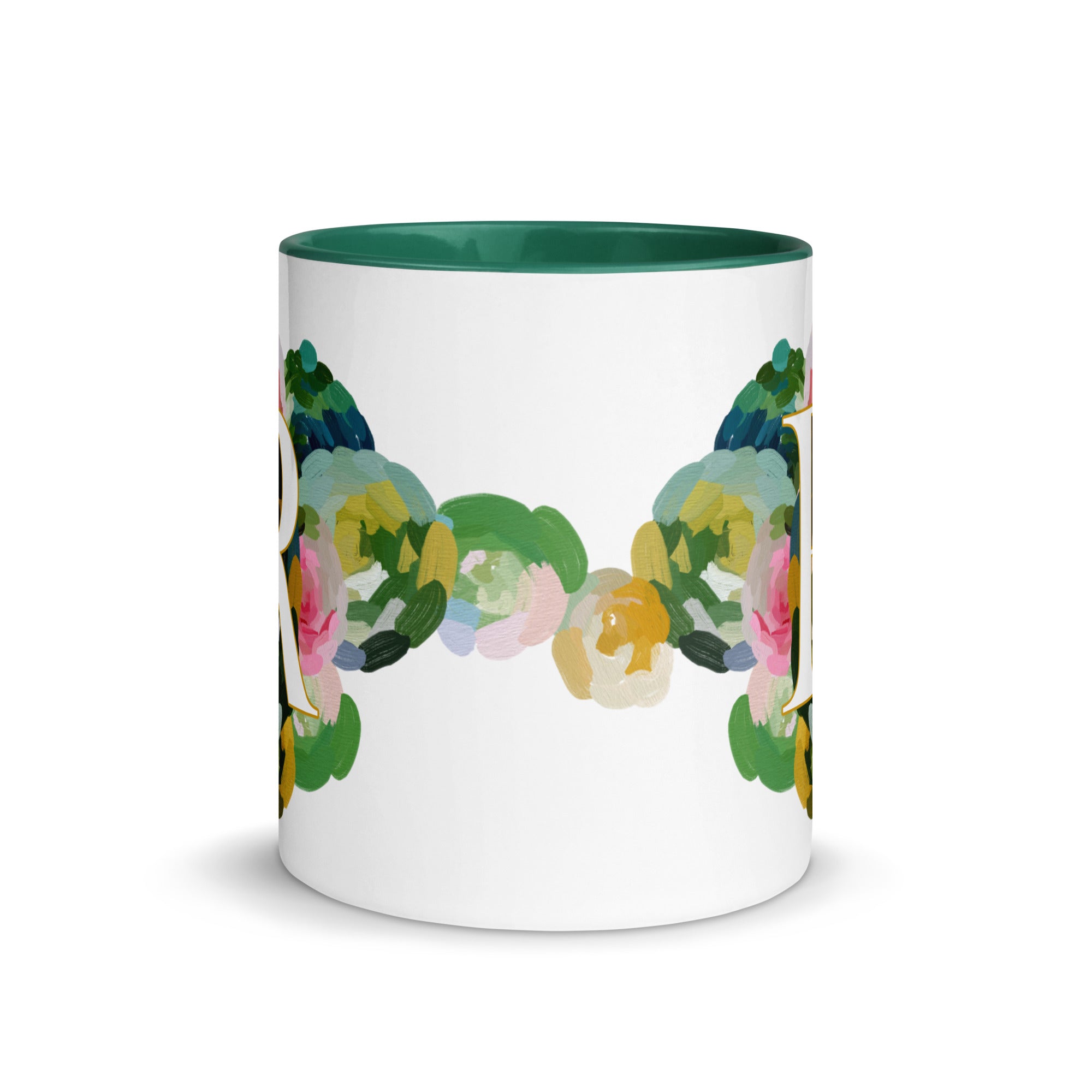 Blue Flowers Monogram Ceramic Mug - Letter R - Pretty coffee and tea mug for flower lovers. Green colored on the inside and the handle. Art by Parima Studio. Chic floral mug