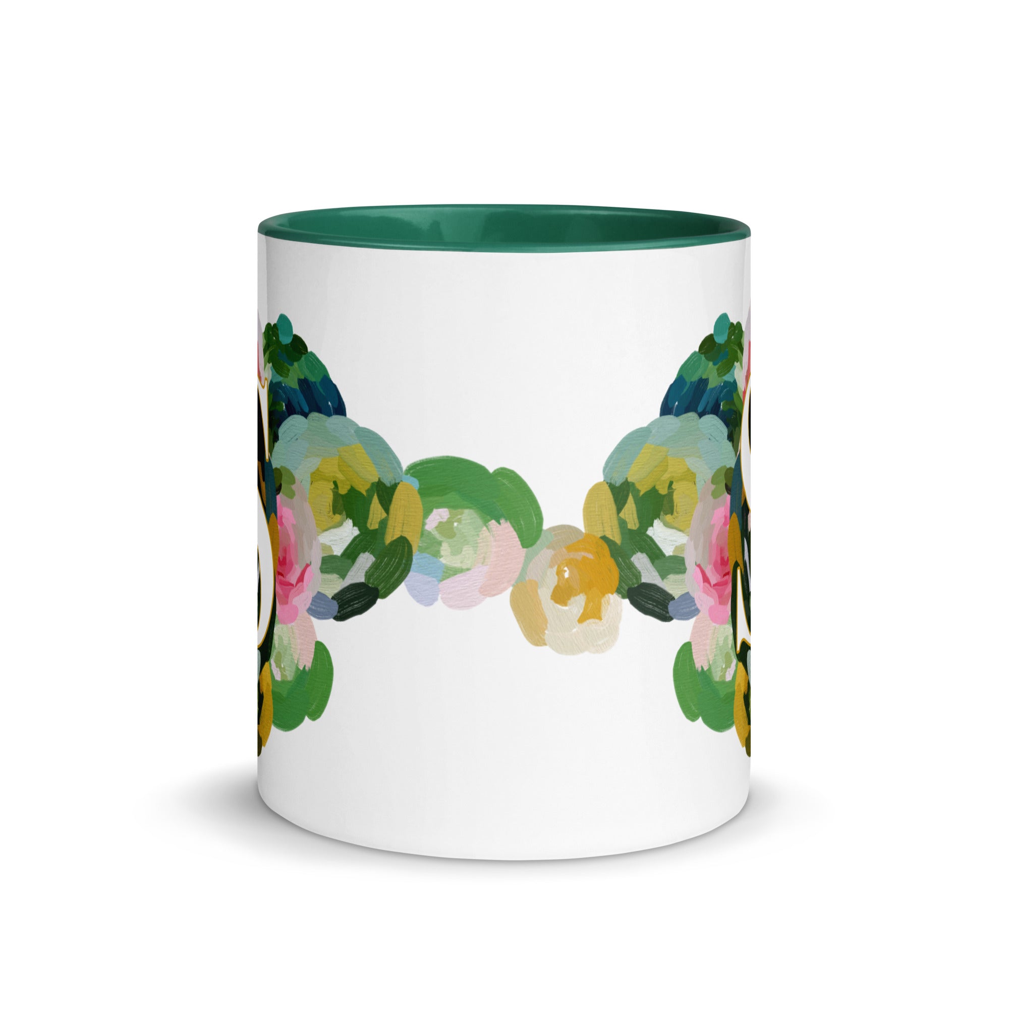 Blue Flowers Monogram Ceramic Mug - Letter S - Pretty coffee and tea mug for flower lovers. Green colored on the inside and the handle. Art by Parima Studio. Chic floral mug