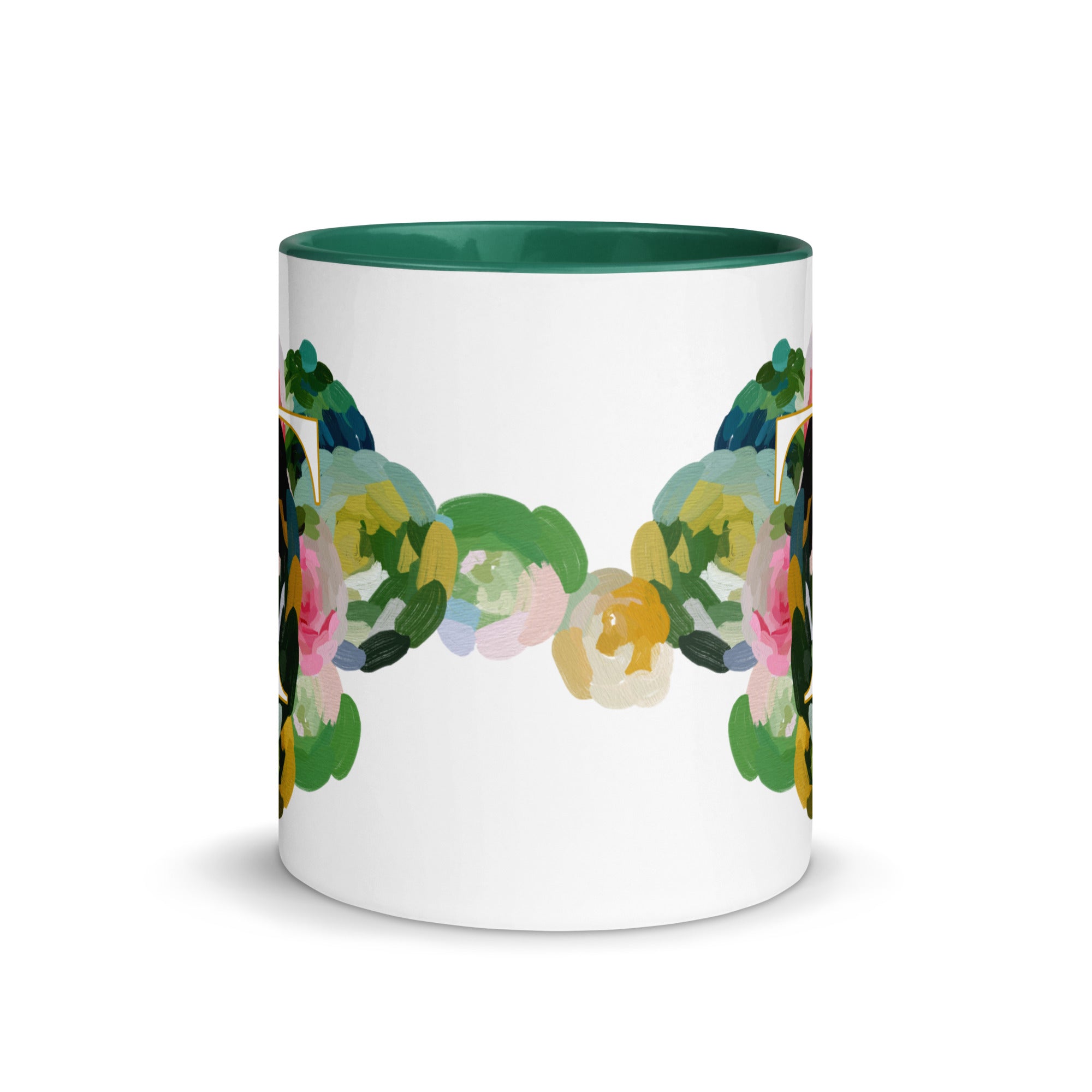 Blue Flowers Monogram Ceramic Mug - Letter T - Pretty coffee and tea mug for flower lovers. Green colored on the inside and the handle. Art by Parima Studio. Chic floral mug