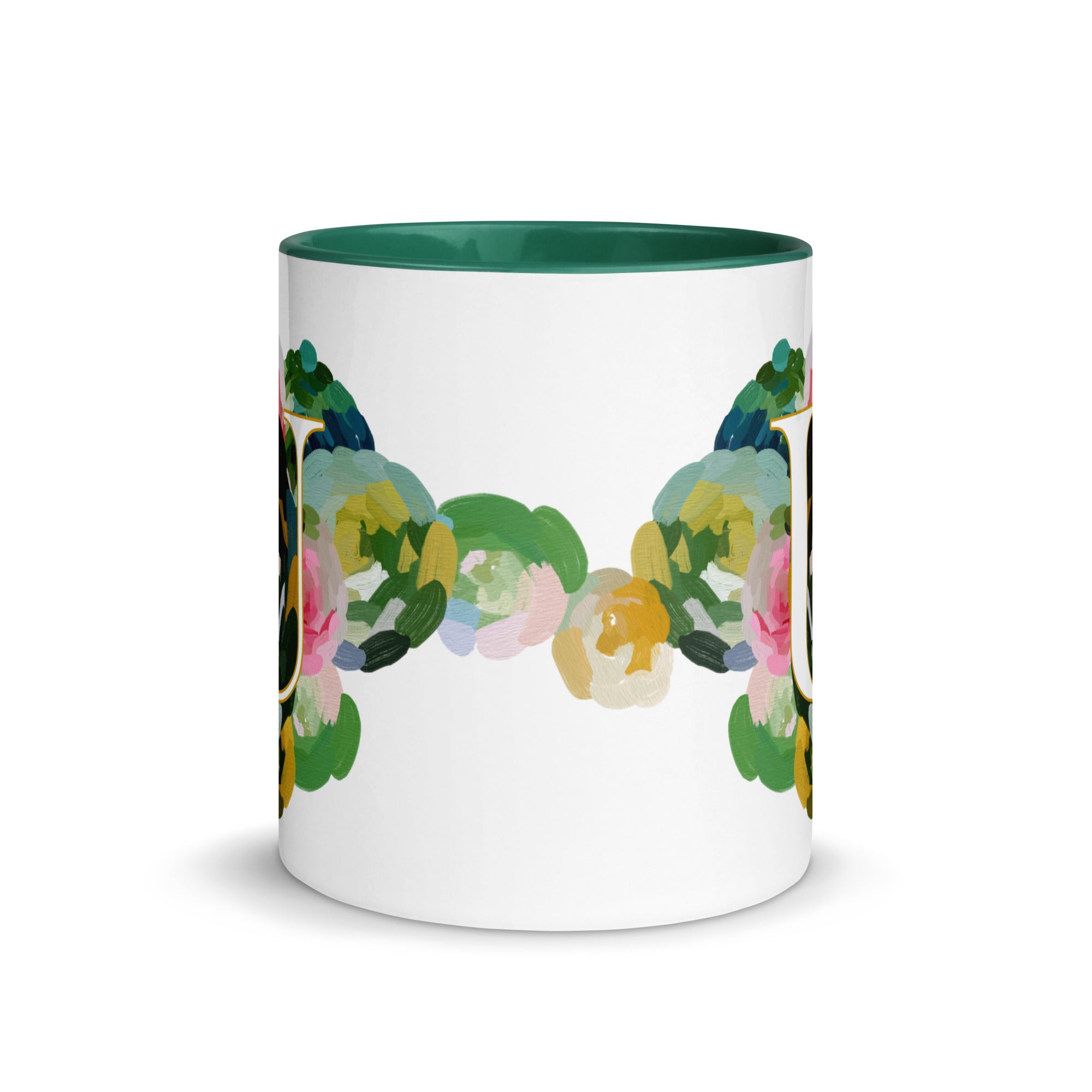 Blue Flowers Monogram Ceramic Mug - Letter U - Pretty coffee and tea mug for flower lovers. Green colored on the inside and the handle. Art by Parima Studio. Chic floral mug