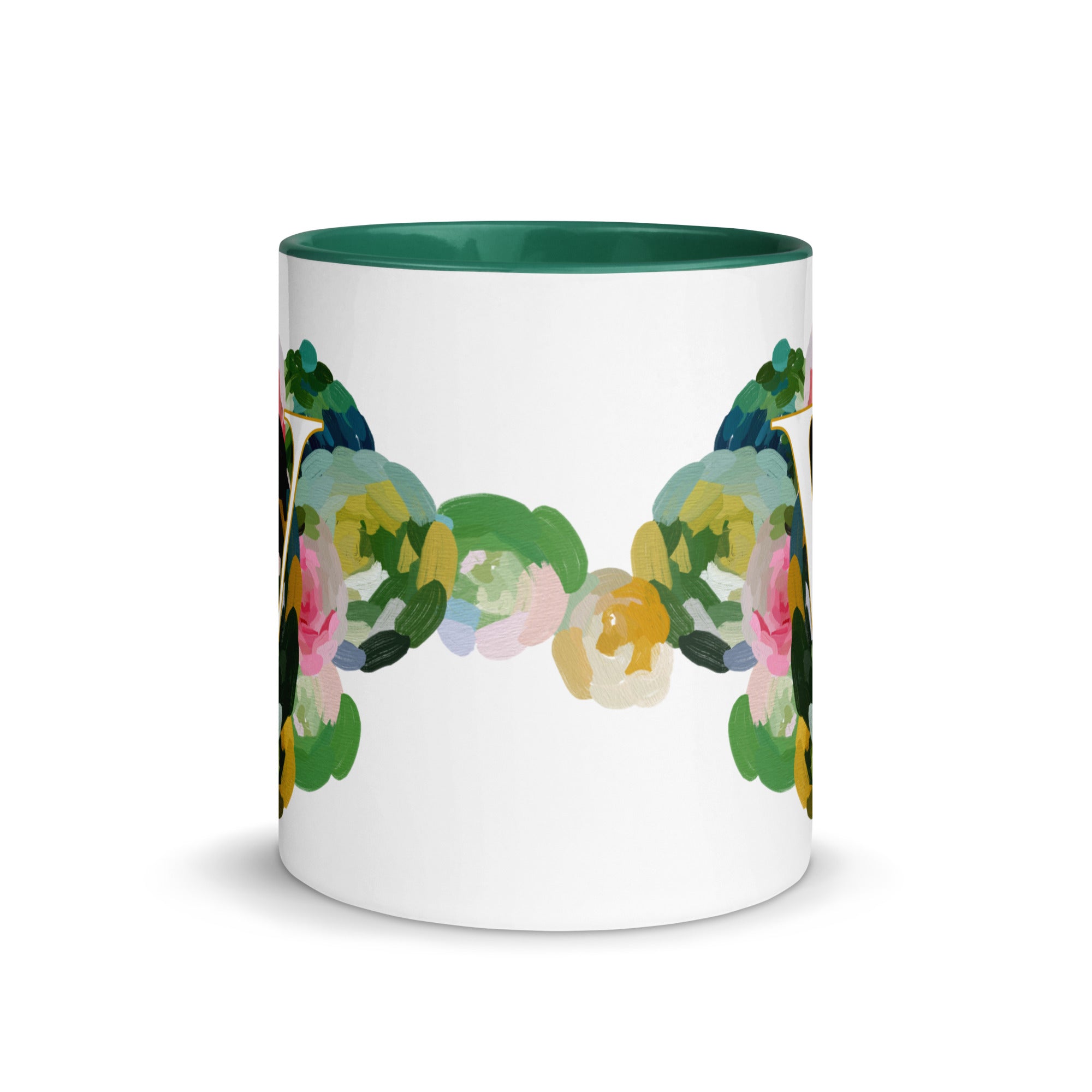Blue Flowers Monogram Ceramic Mug - Letter V - Pretty coffee and tea mug for flower lovers. Green colored on the inside and the handle. Art by Parima Studio. Chic floral mug