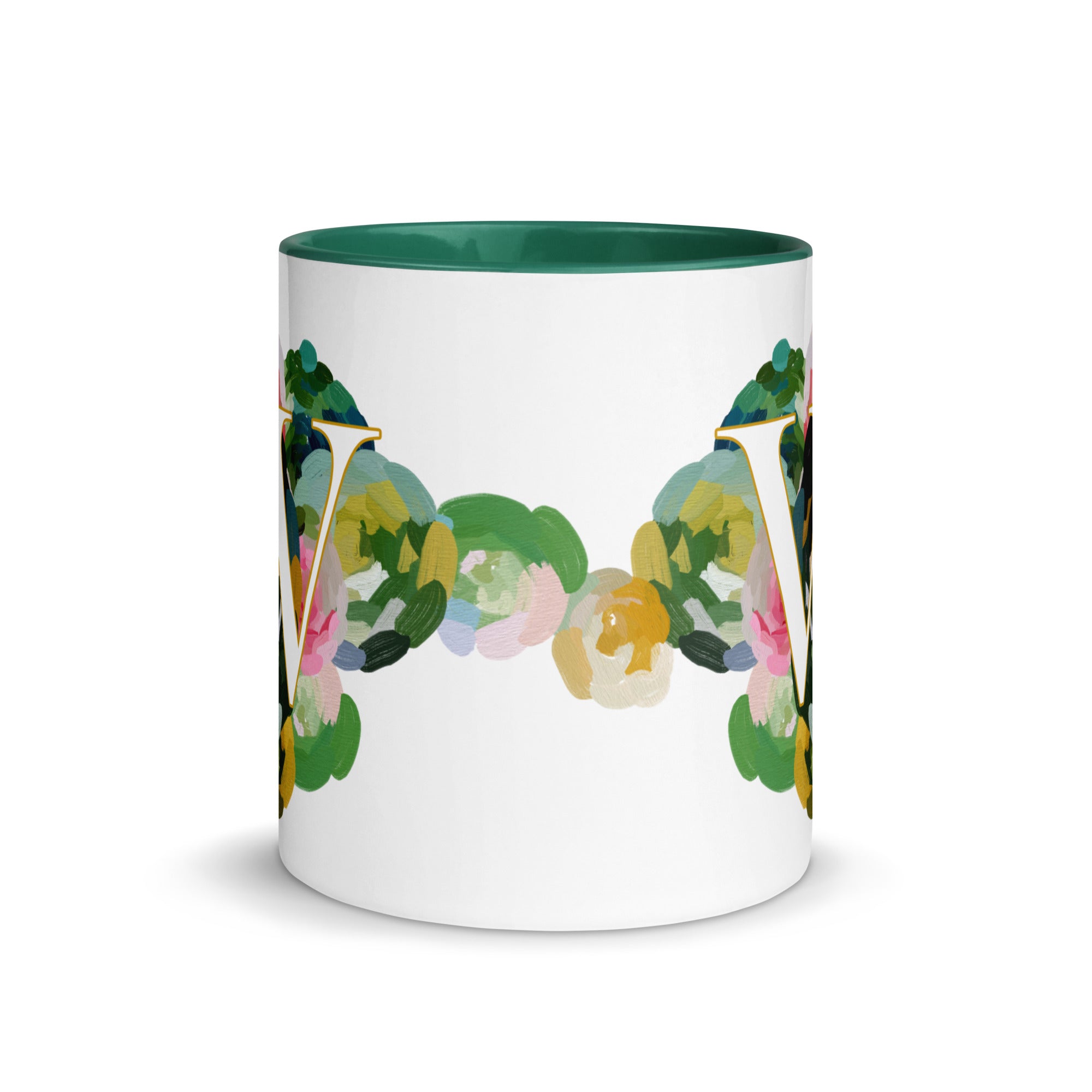 Blue Flowers Monogram Ceramic Mug - Letter W - Pretty coffee and tea mug for flower lovers. Green colored on the inside and the handle. Art by Parima Studio. Chic floral mug