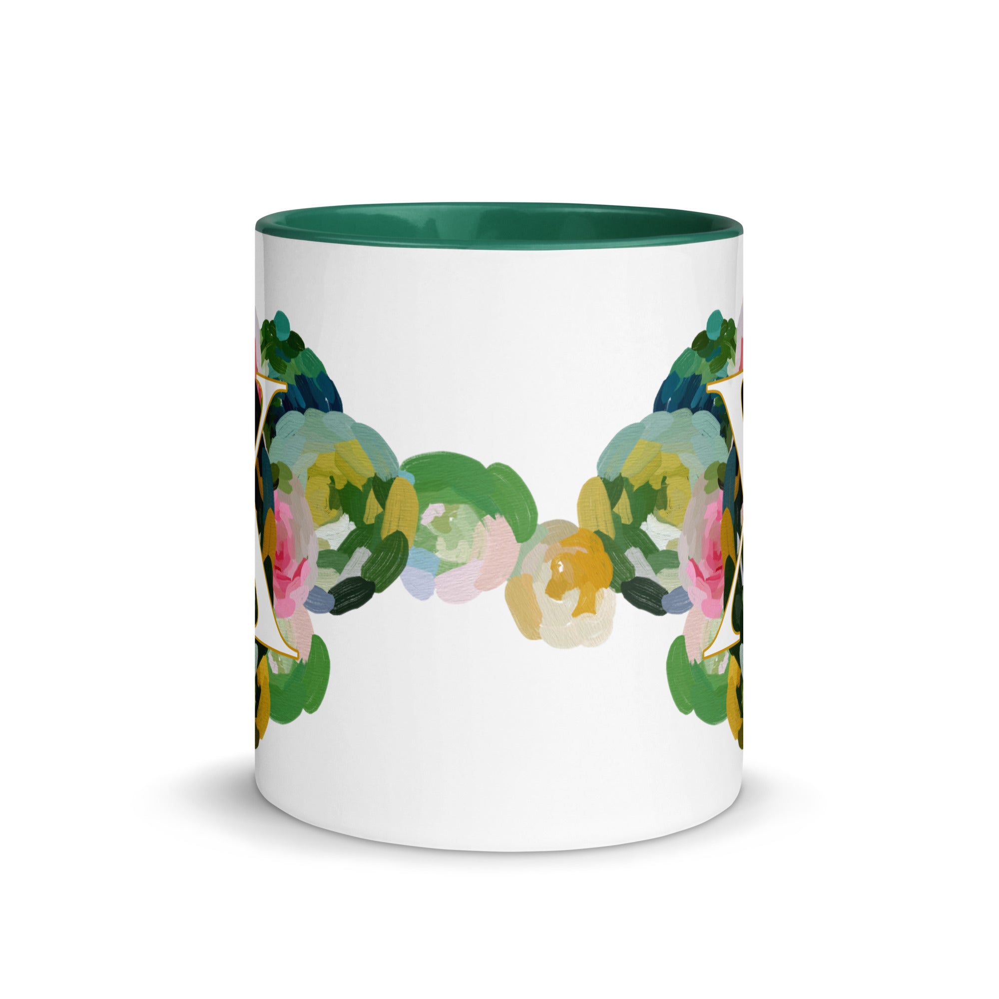 Blue Flowers Monogram Ceramic Mug - Letter X - Pretty coffee and tea mug for flower lovers. Green colored on the inside and the handle. Art by Parima Studio. Chic floral mug