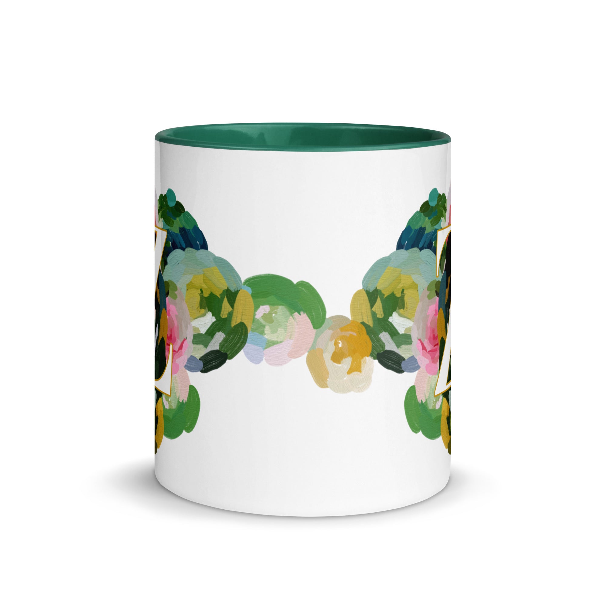 Blue Flowers Monogram Ceramic Mug - Letter Z - Pretty coffee and tea mug for flower lovers. Green colored on the inside and the handle. Art by Parima Studio. Chic floral mug