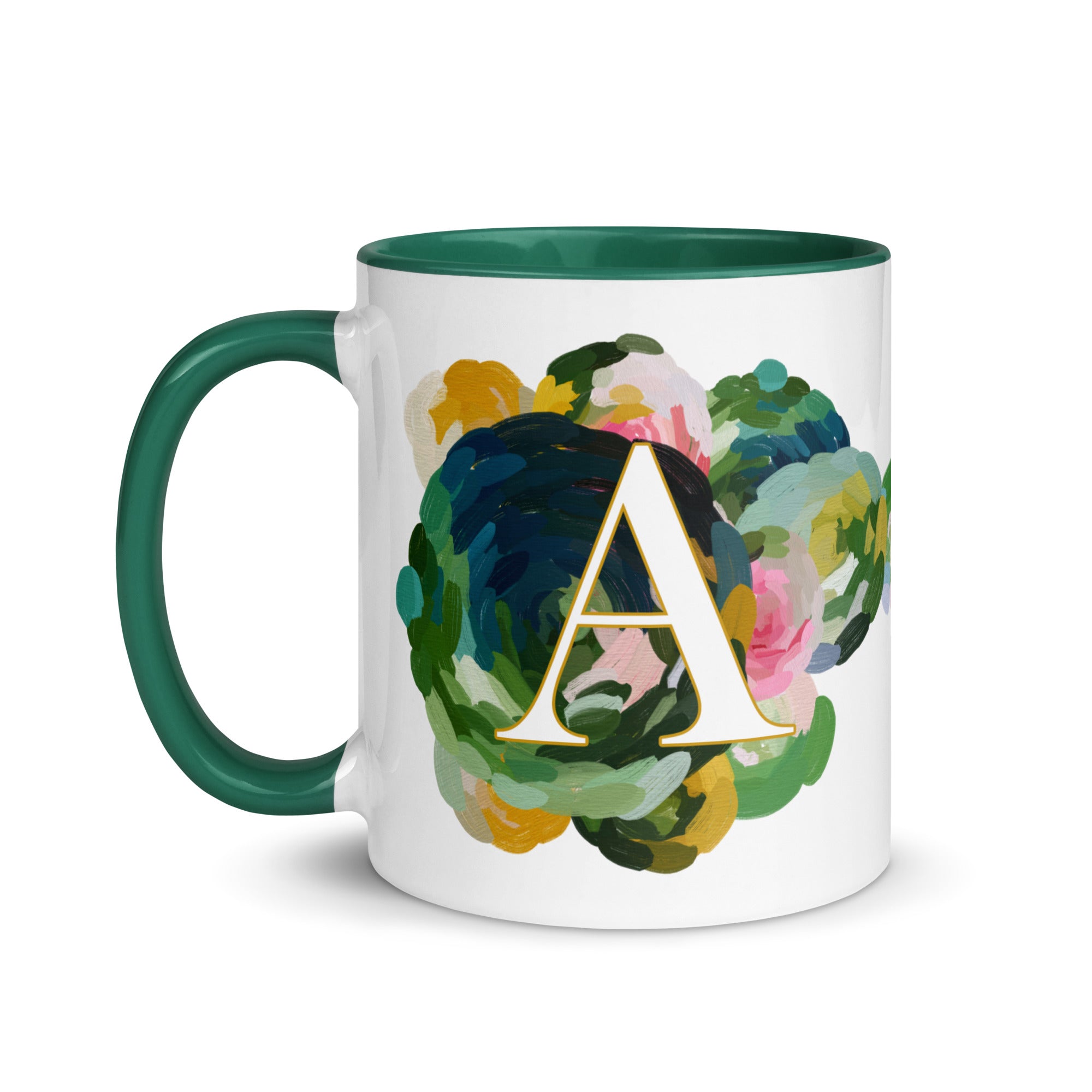 Blue Flowers Monogram Ceramic Mug - Letter A - Pretty coffee and tea mug for flower lovers. Green colored on the inside and the handle. Art by Parima Studio. Chic floral mug