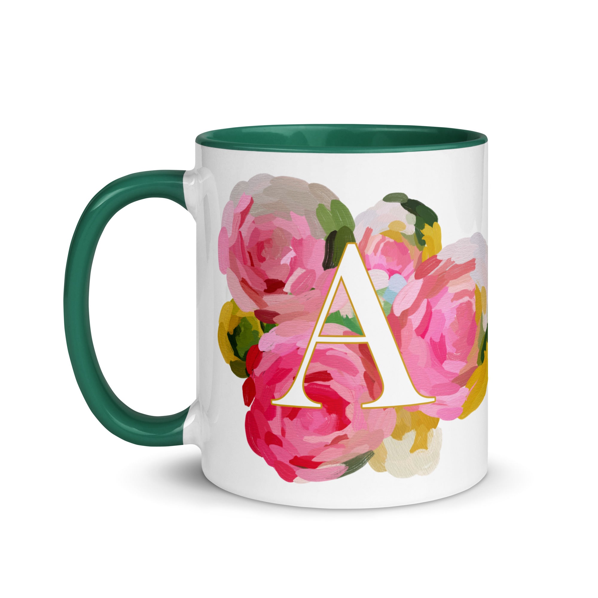 Pink Flowers Monogram Ceramic Mug - Letter A - Pretty coffee and tea mug for flower lovers. Green colored on the inside and the handle. Art by Parima Studio