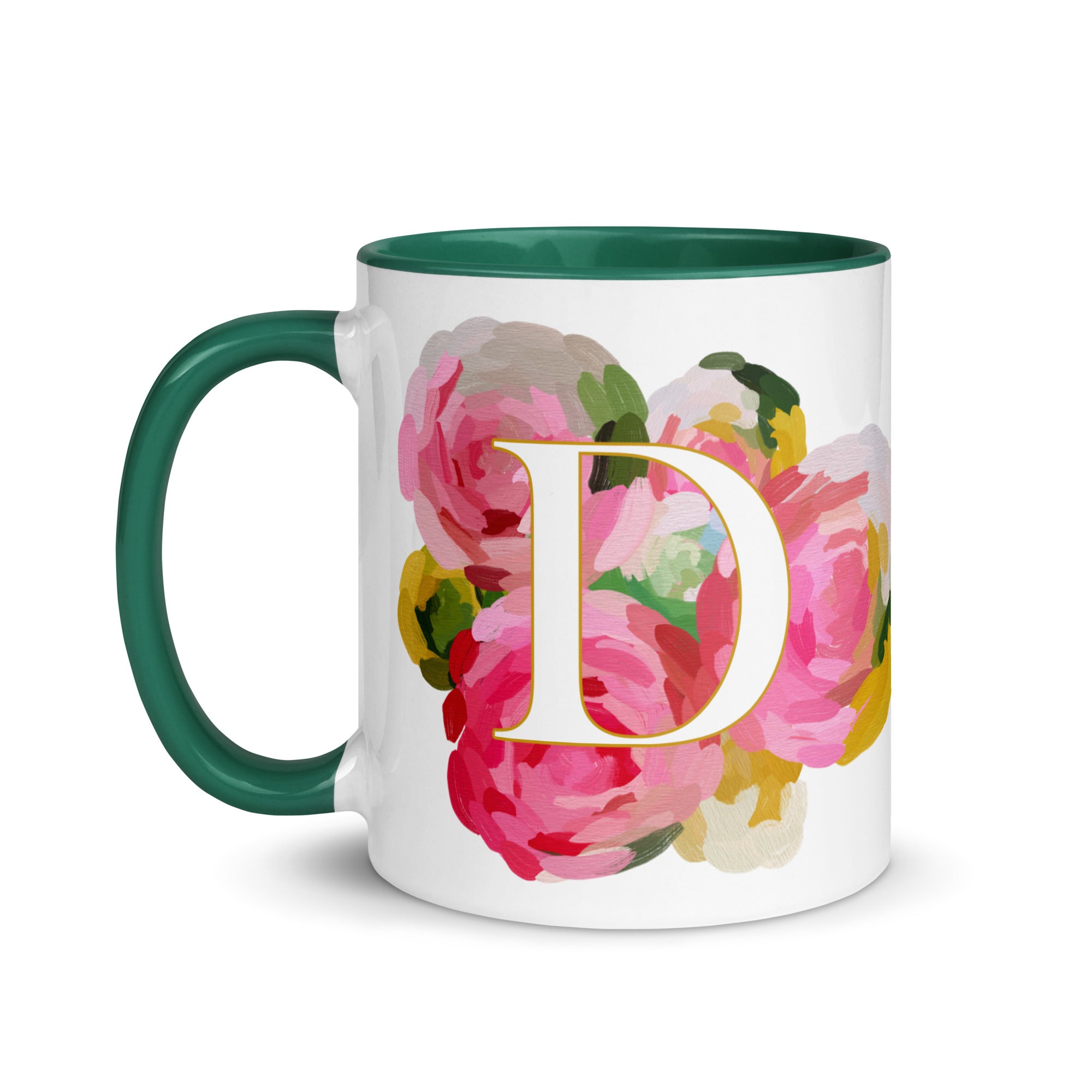 Pink Flowers Monogram Ceramic Mug - Letter D - Pretty coffee and tea mug for flower lovers. Green colored on the inside and the handle. Art by Parima Studio. Chic floral mug