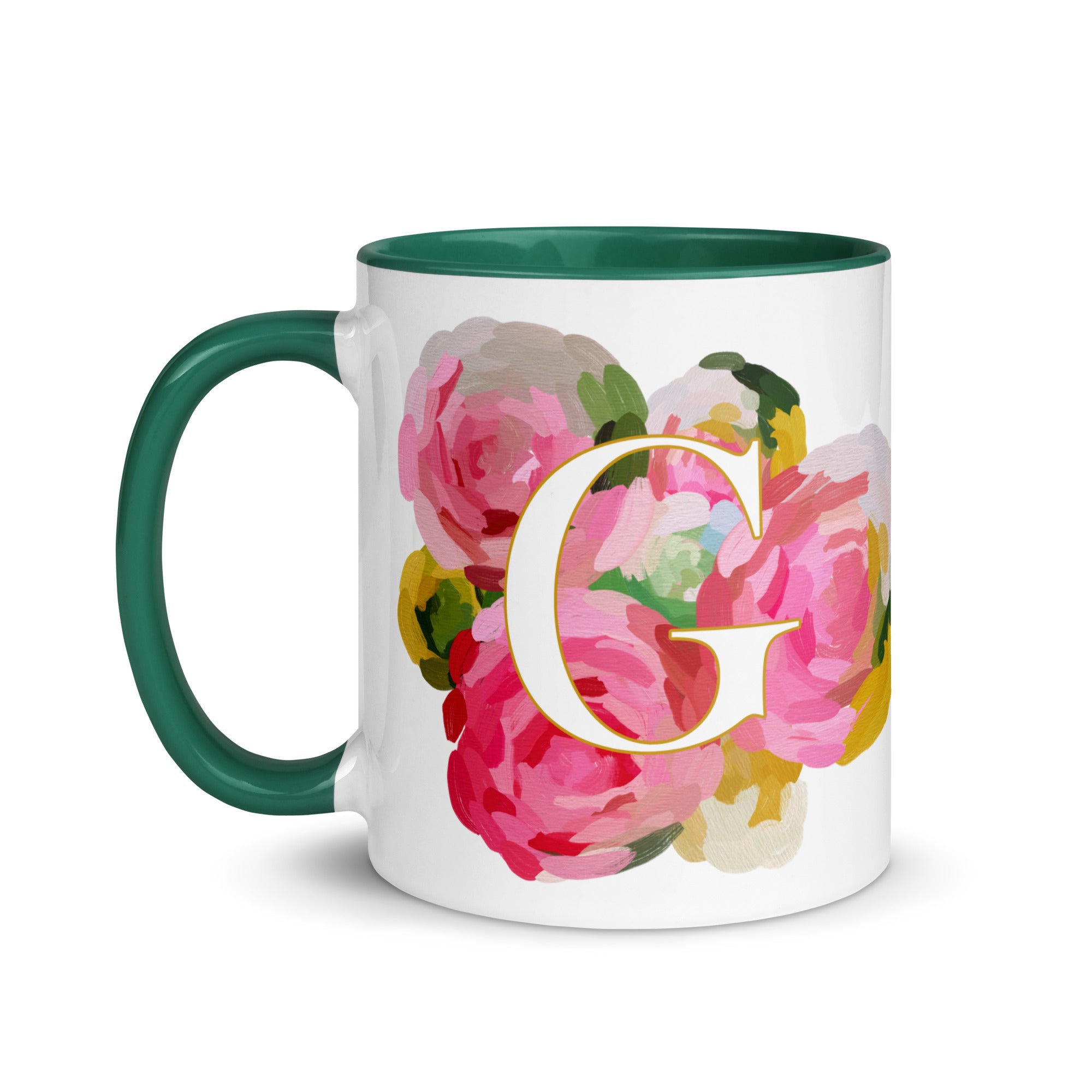 Pink Flowers Monogram Ceramic Mug - Letter G - Pretty coffee and tea mug for flower lovers. Green colored on the inside and the handle. Art by Parima Studio. Chic floral mug